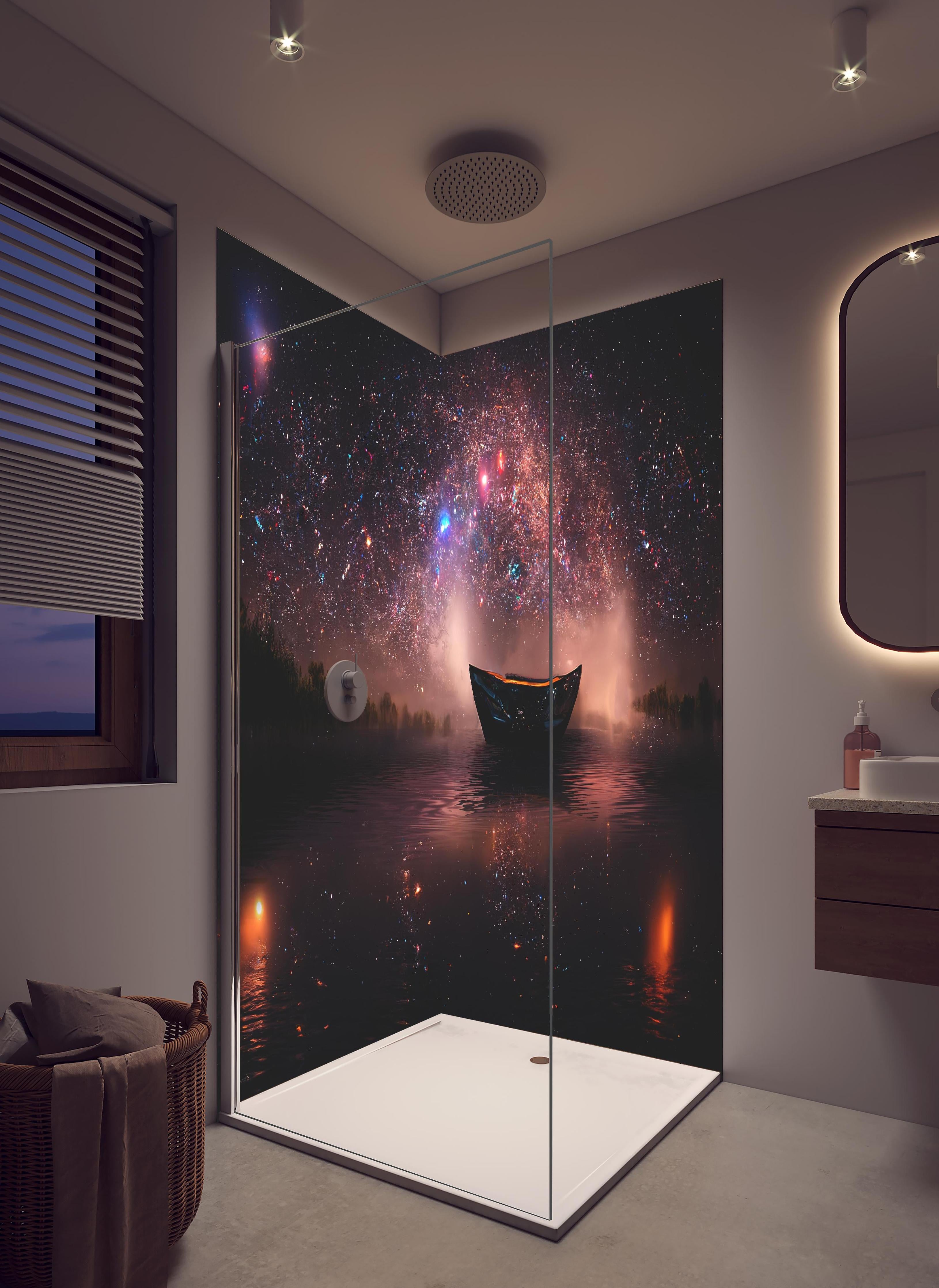 Duschrückwand - Mystischer Sternenhimmel mit Boot auf dem See in hellem Badezimmer mit Regenduschkopf - zweiteilige Eck-Duschrückwand