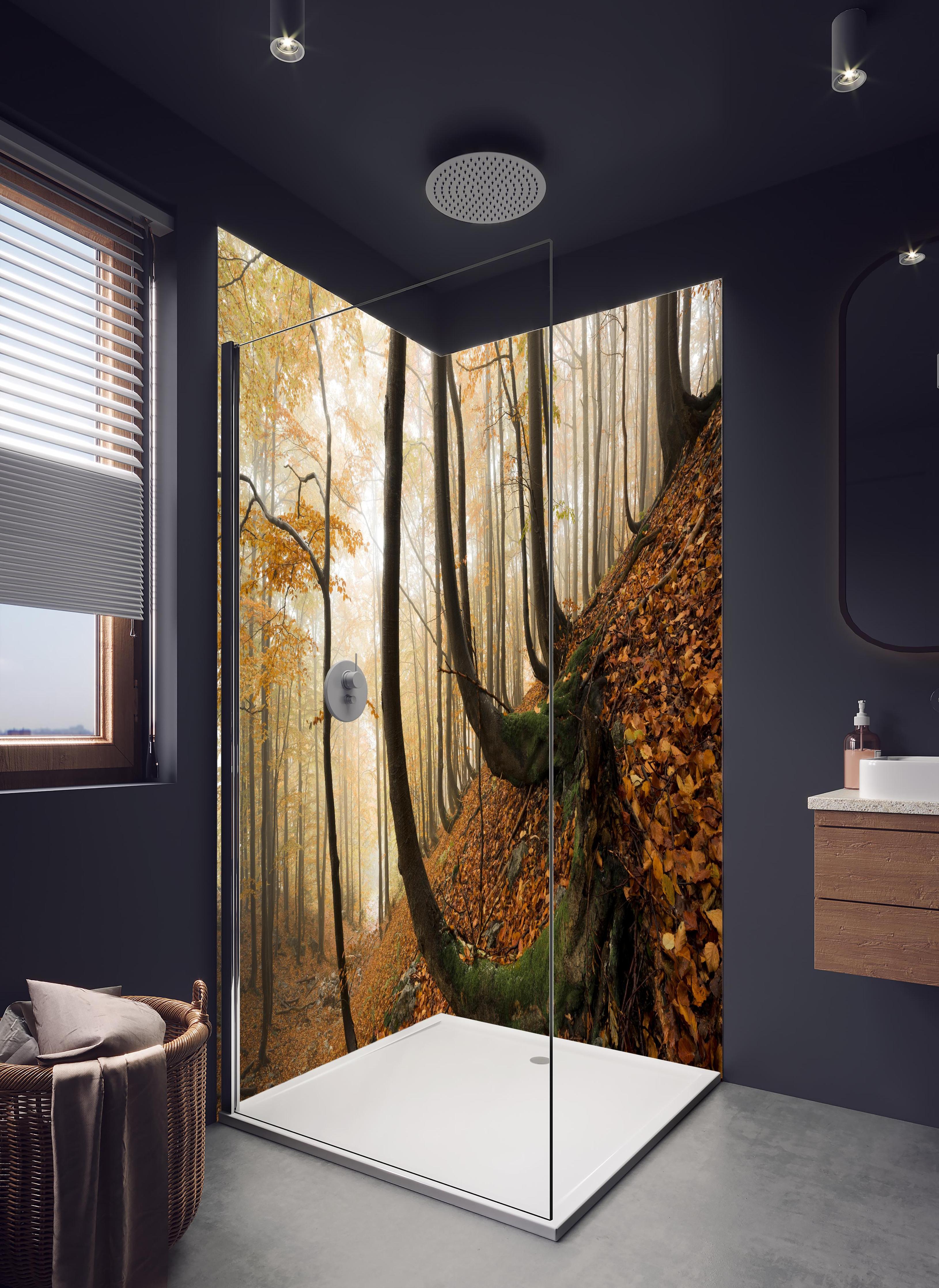 Duschrückwand - Mystischer Wald im Herbst in hellem Badezimmer mit Regenduschkopf - zweiteilige Eck-Duschrückwand