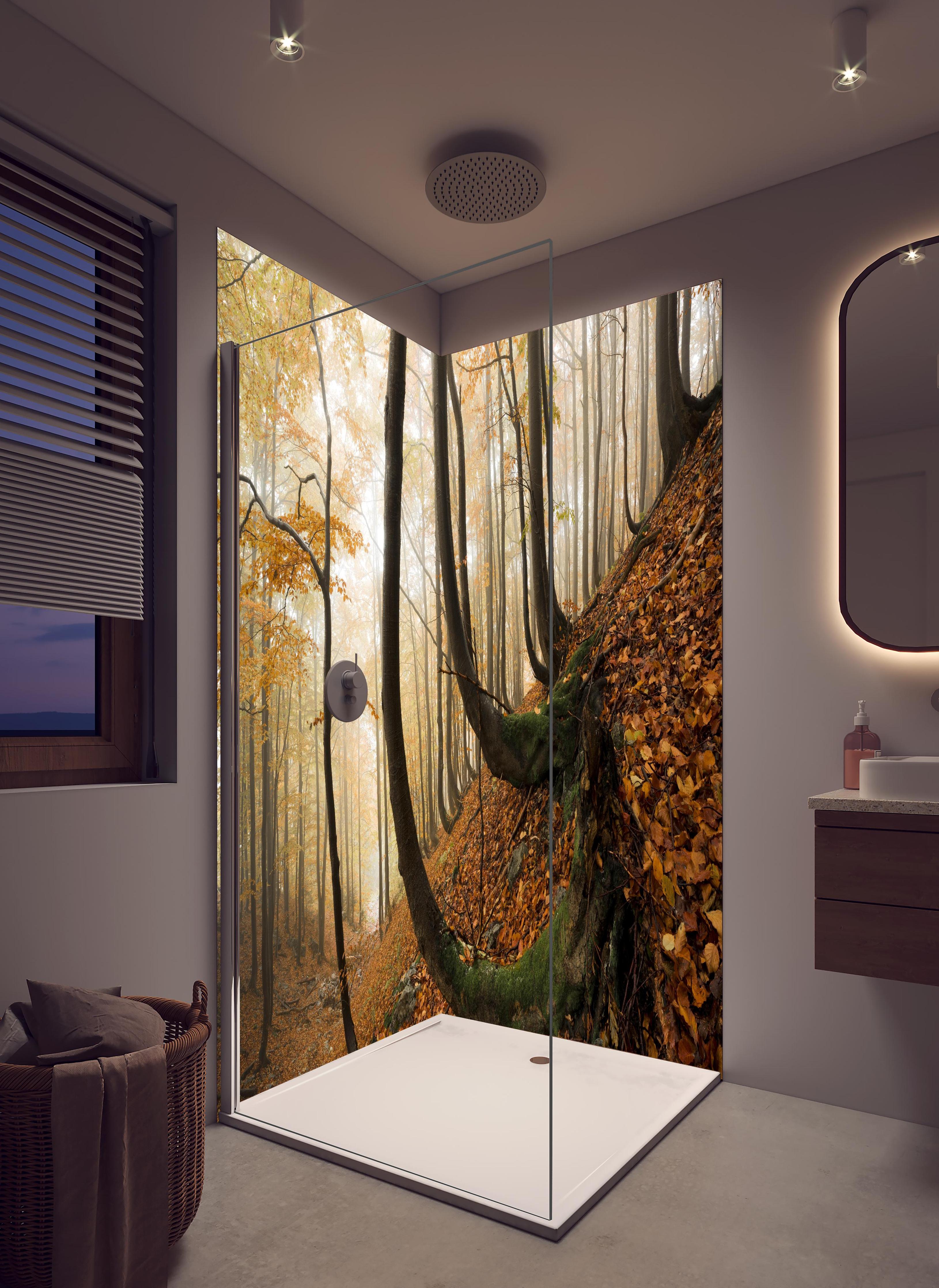 Duschrückwand - Mystischer Wald im Herbst in hellem Badezimmer mit Regenduschkopf - zweiteilige Eck-Duschrückwand