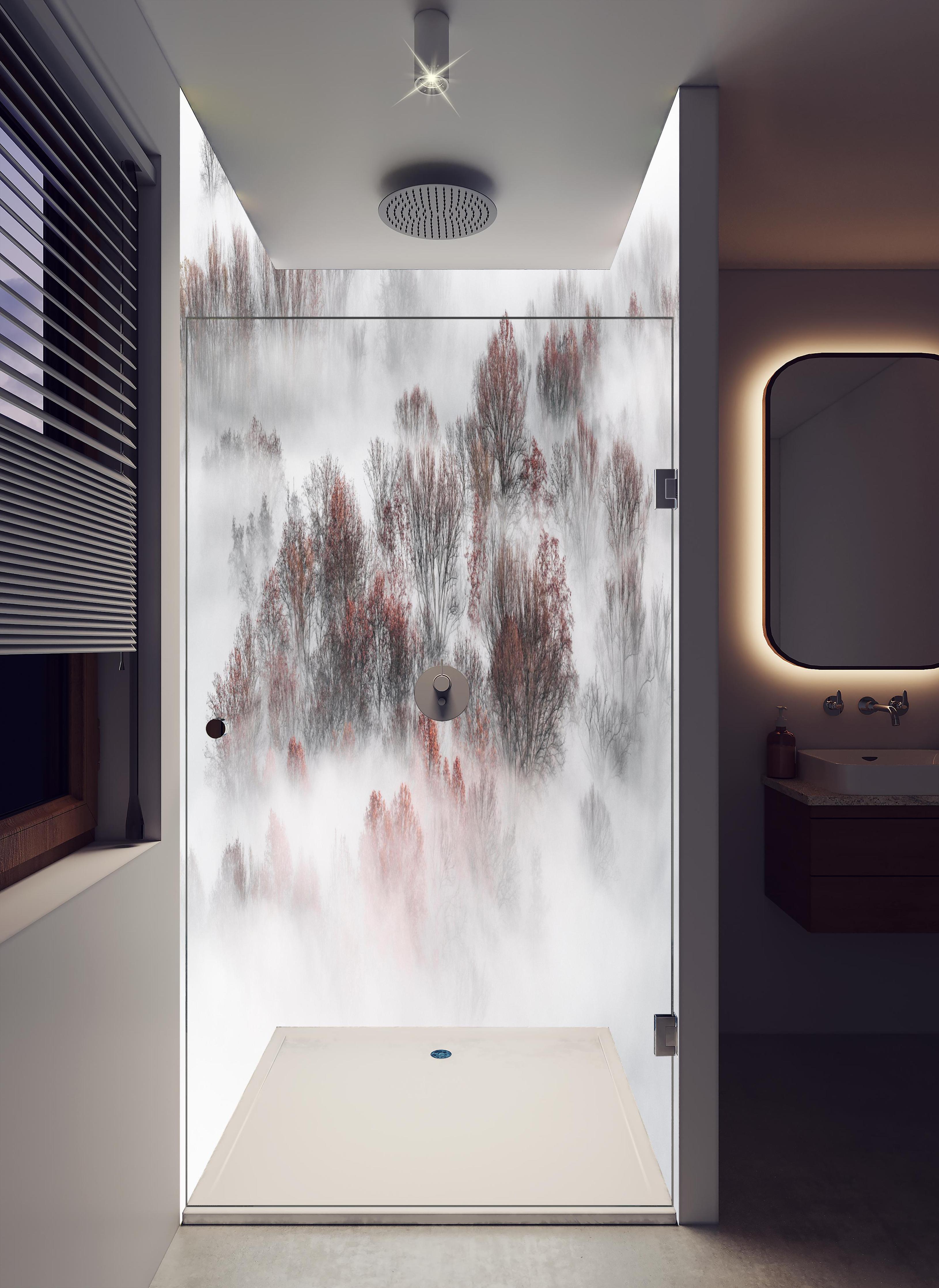 Duschrückwand - Mystischer Weiß-Grauer Nebelwald in hellem Badezimmer mit Regenduschkopf - zweiteilige Eck-Duschrückwand