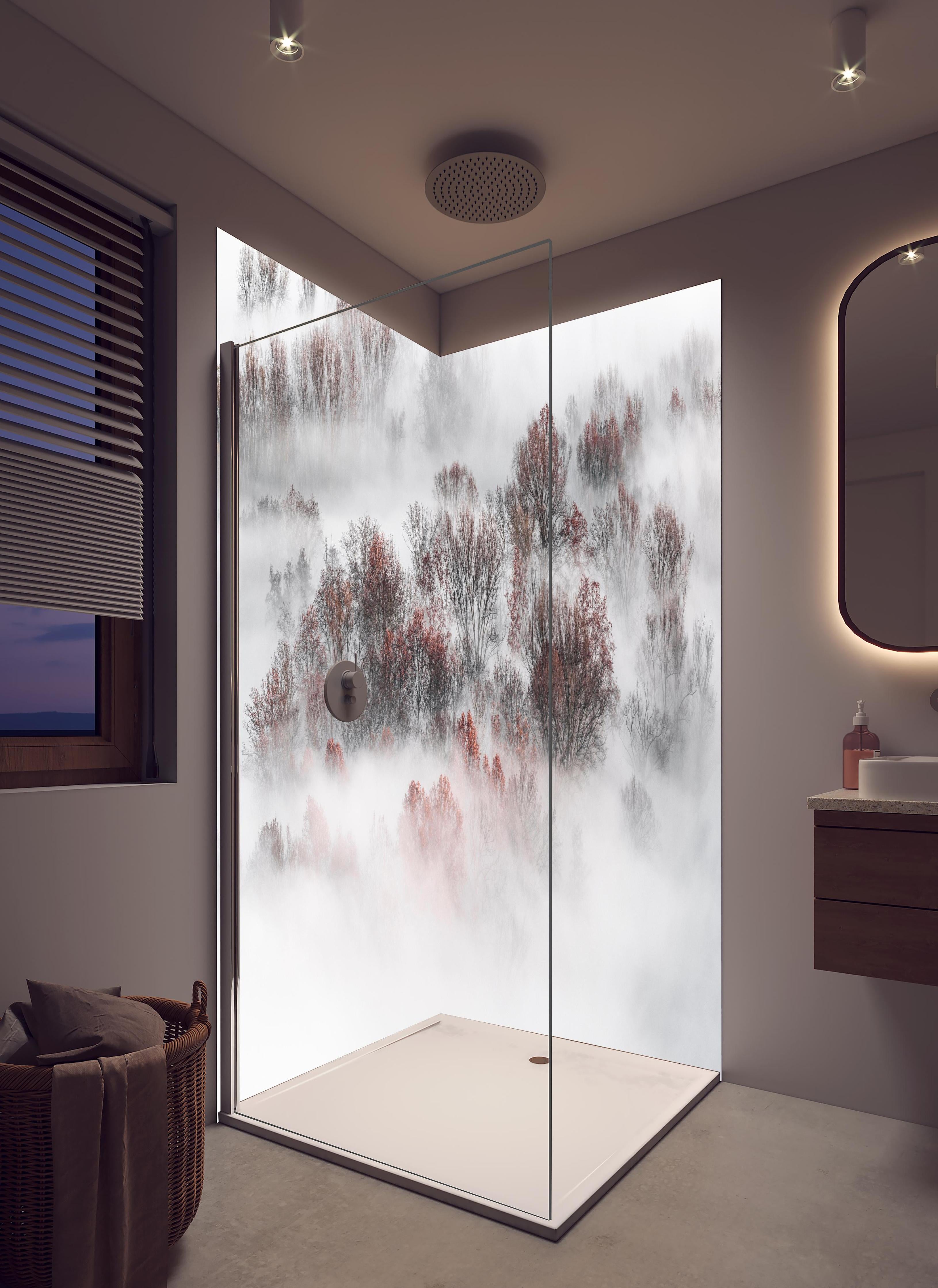 Duschrückwand - Mystischer Weiß-Grauer Nebelwald in hellem Badezimmer mit Regenduschkopf - zweiteilige Eck-Duschrückwand