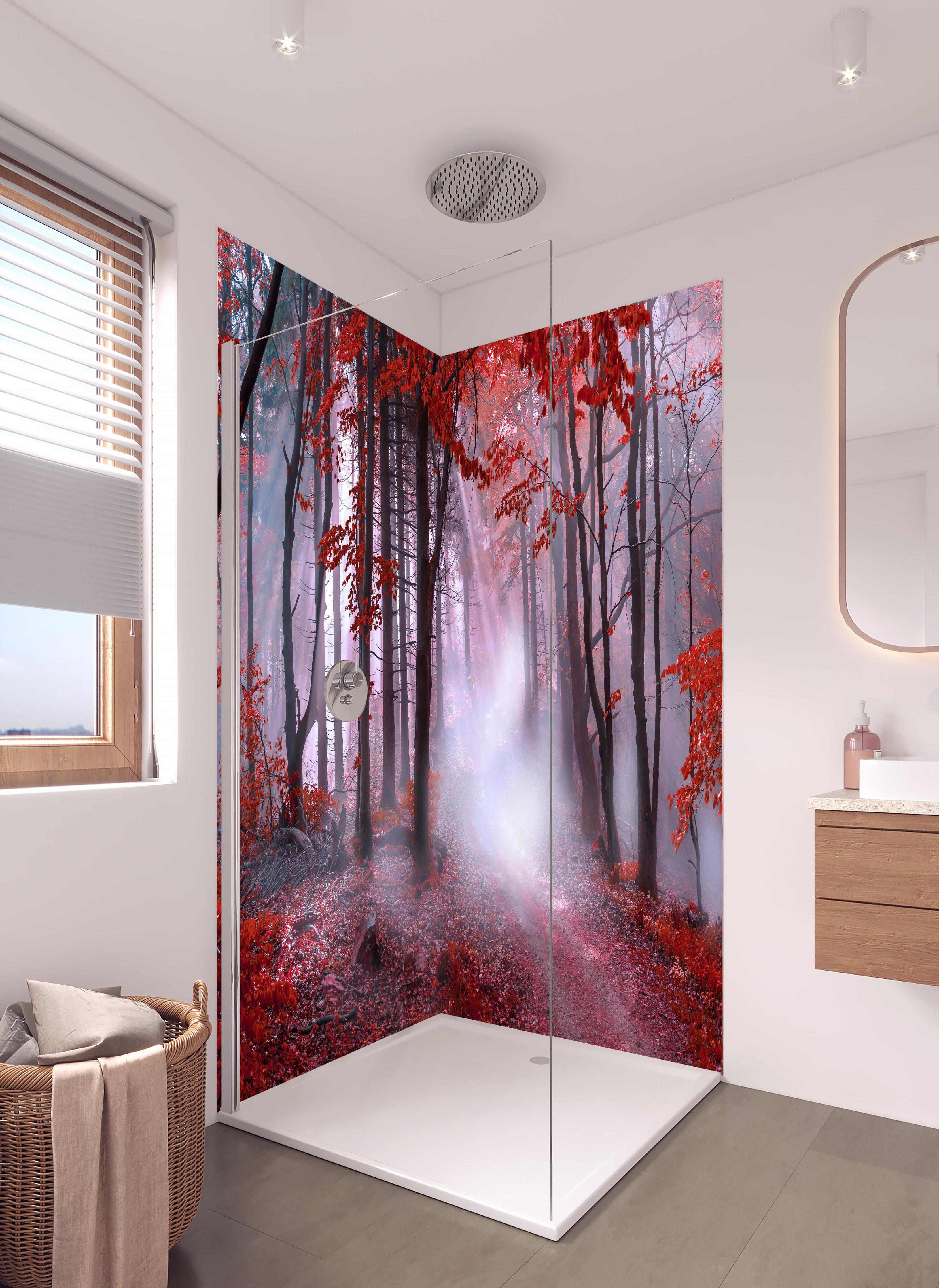 Duschrückwand - Mystischer roter Wald in hellem Badezimmer mit Regenduschkopf - zweiteilige Eck-Duschrückwand