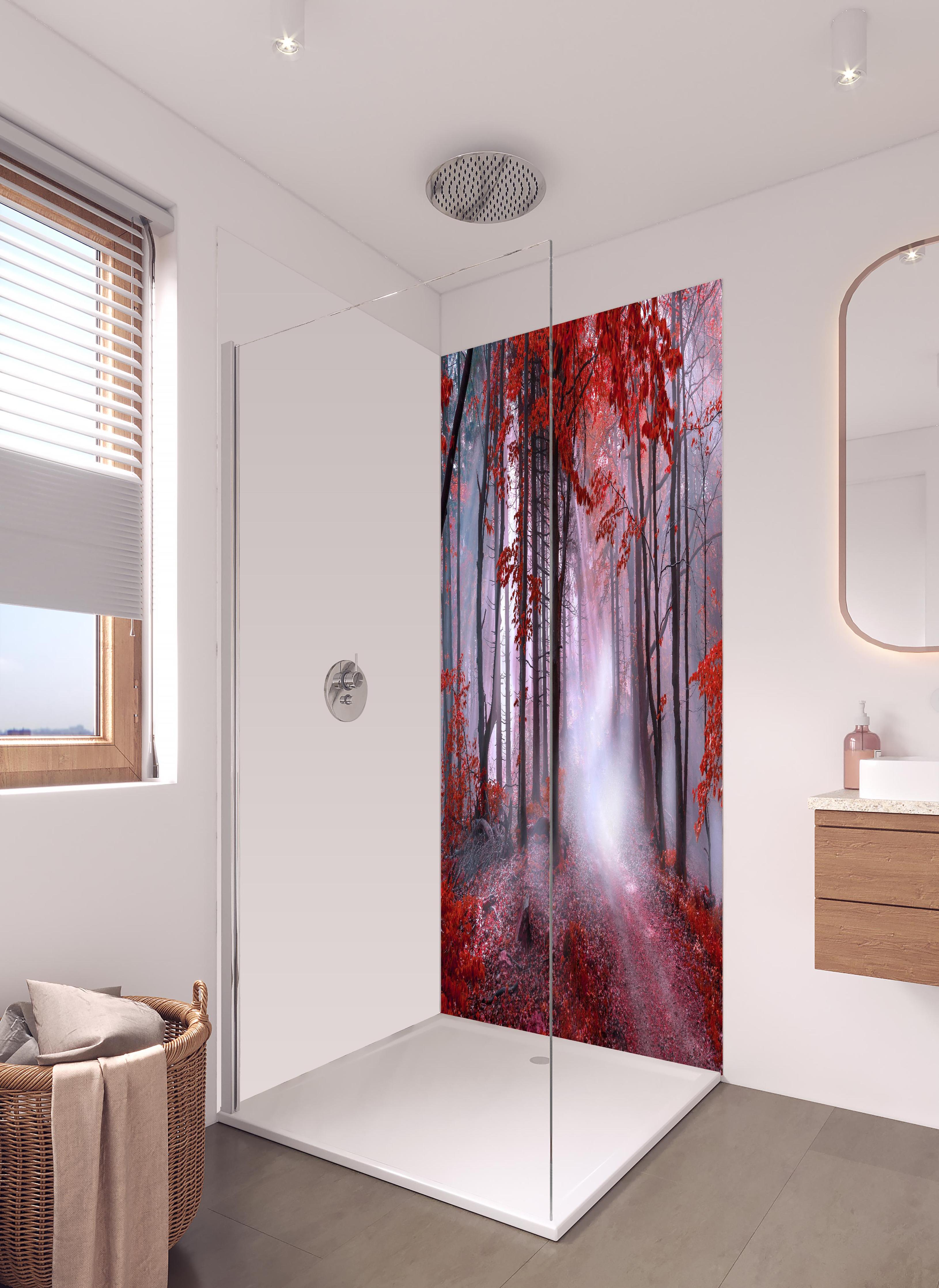 Duschrückwand - Mystischer roter Wald in hellem Badezimmer mit Regenduschkopf - zweiteilige Eck-Duschrückwand