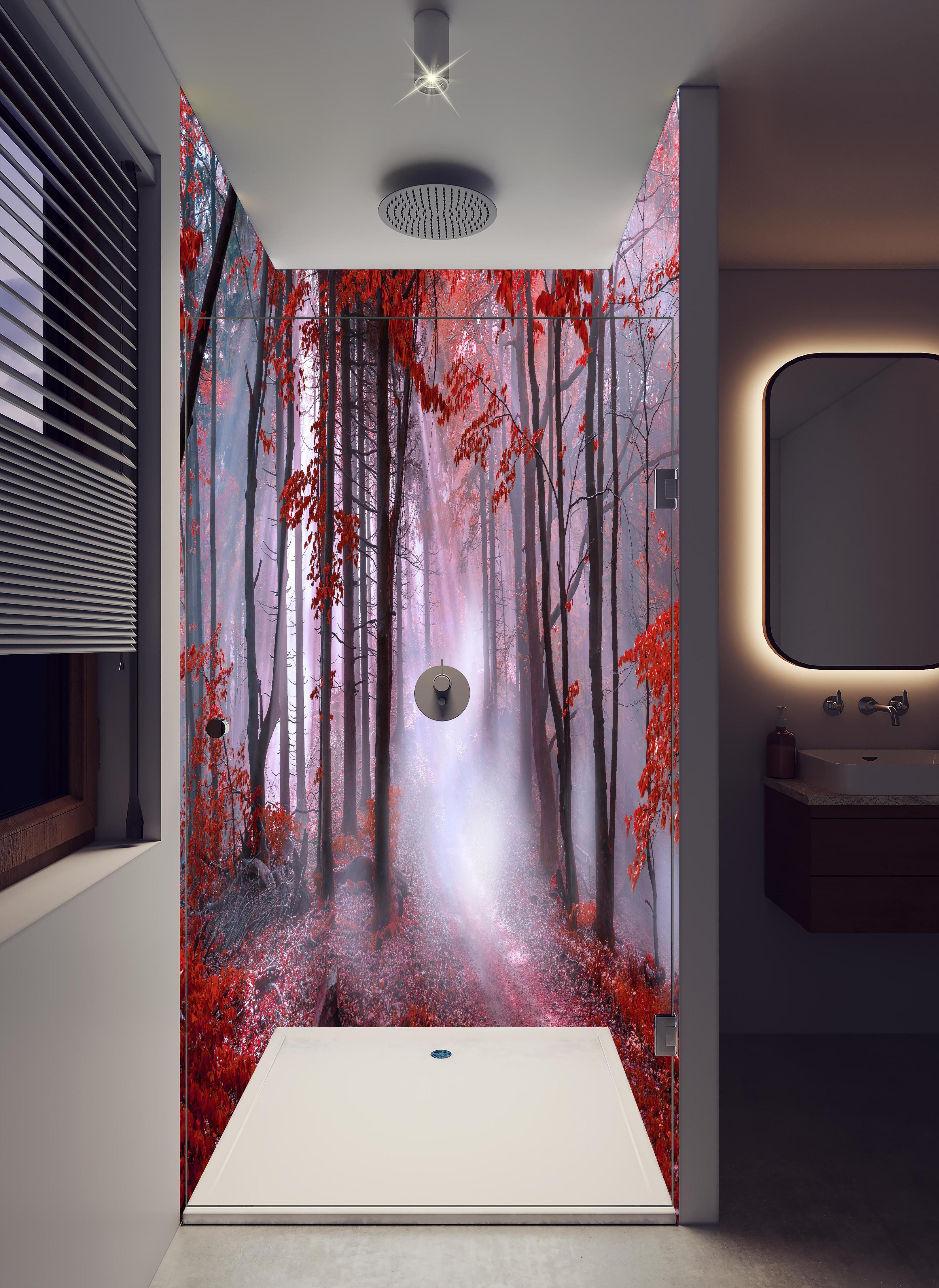 Duschrückwand - Mystischer roter Wald in hellem Badezimmer mit Regenduschkopf - zweiteilige Eck-Duschrückwand