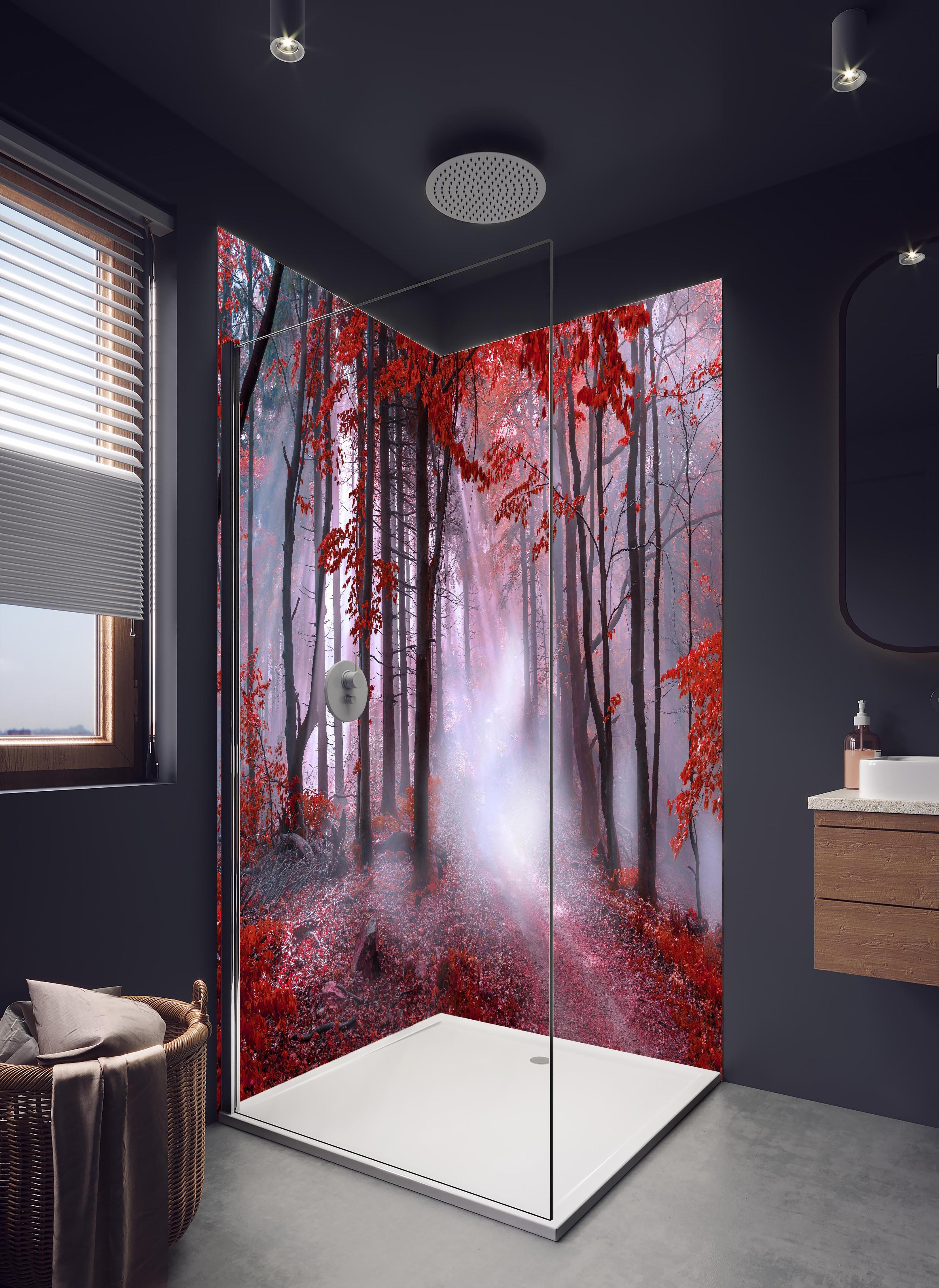 Duschrückwand - Mystischer roter Wald in hellem Badezimmer mit Regenduschkopf - zweiteilige Eck-Duschrückwand