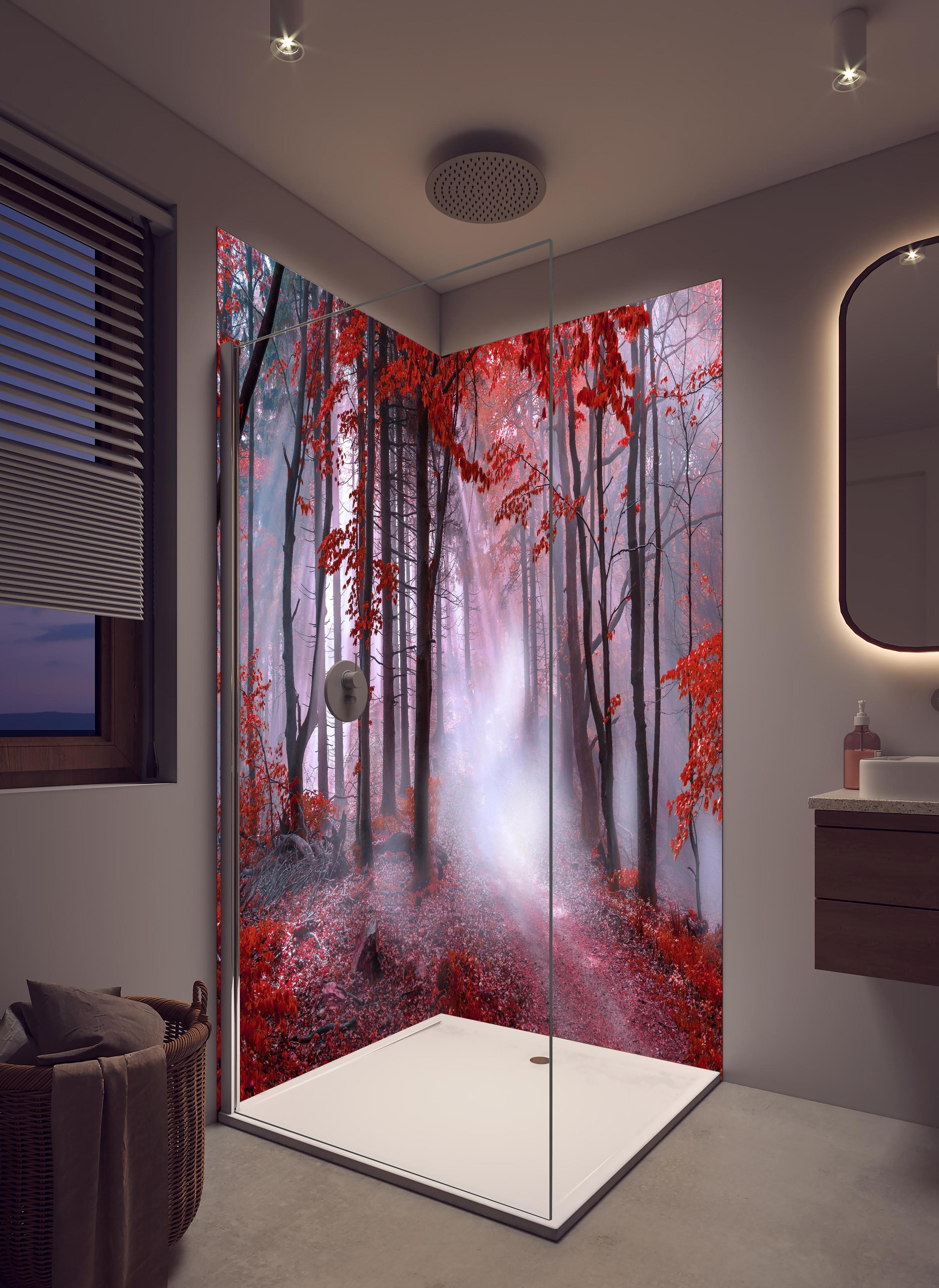 Duschrückwand - Mystischer roter Wald in hellem Badezimmer mit Regenduschkopf - zweiteilige Eck-Duschrückwand