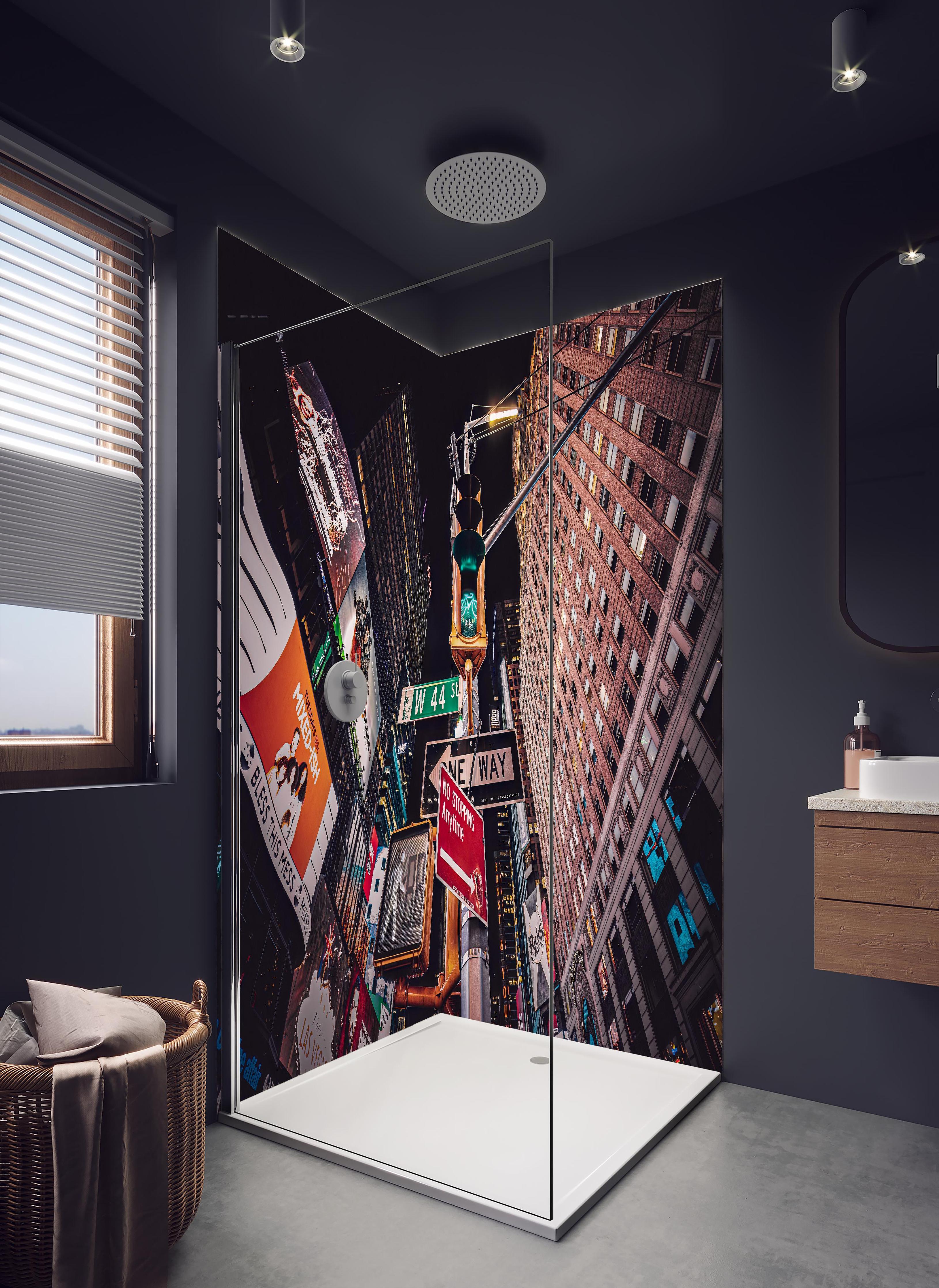 Duschrückwand - NYC Nächte in hellem Badezimmer mit Regenduschkopf - zweiteilige Eck-Duschrückwand