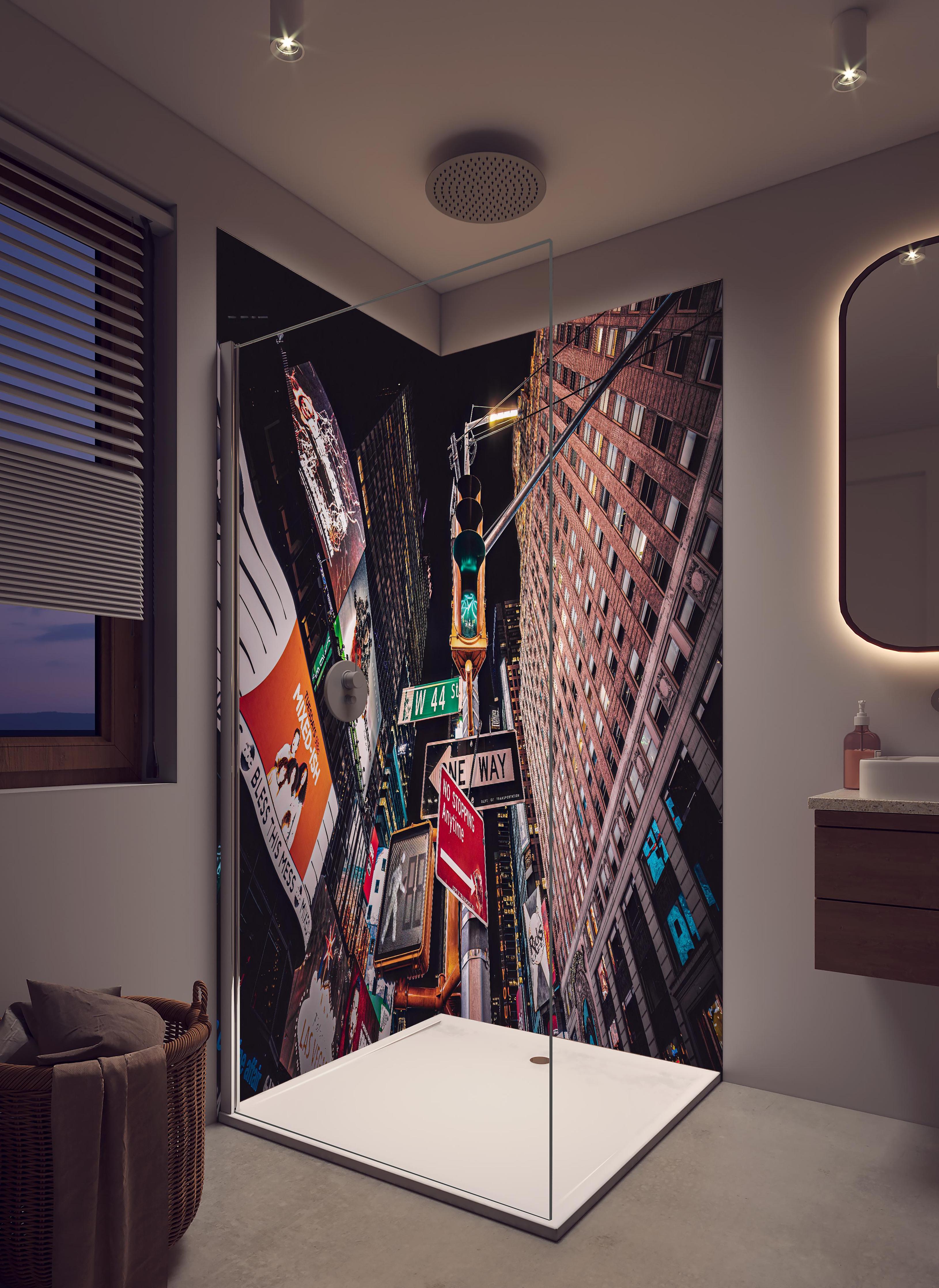 Duschrückwand - NYC Nächte in hellem Badezimmer mit Regenduschkopf - zweiteilige Eck-Duschrückwand