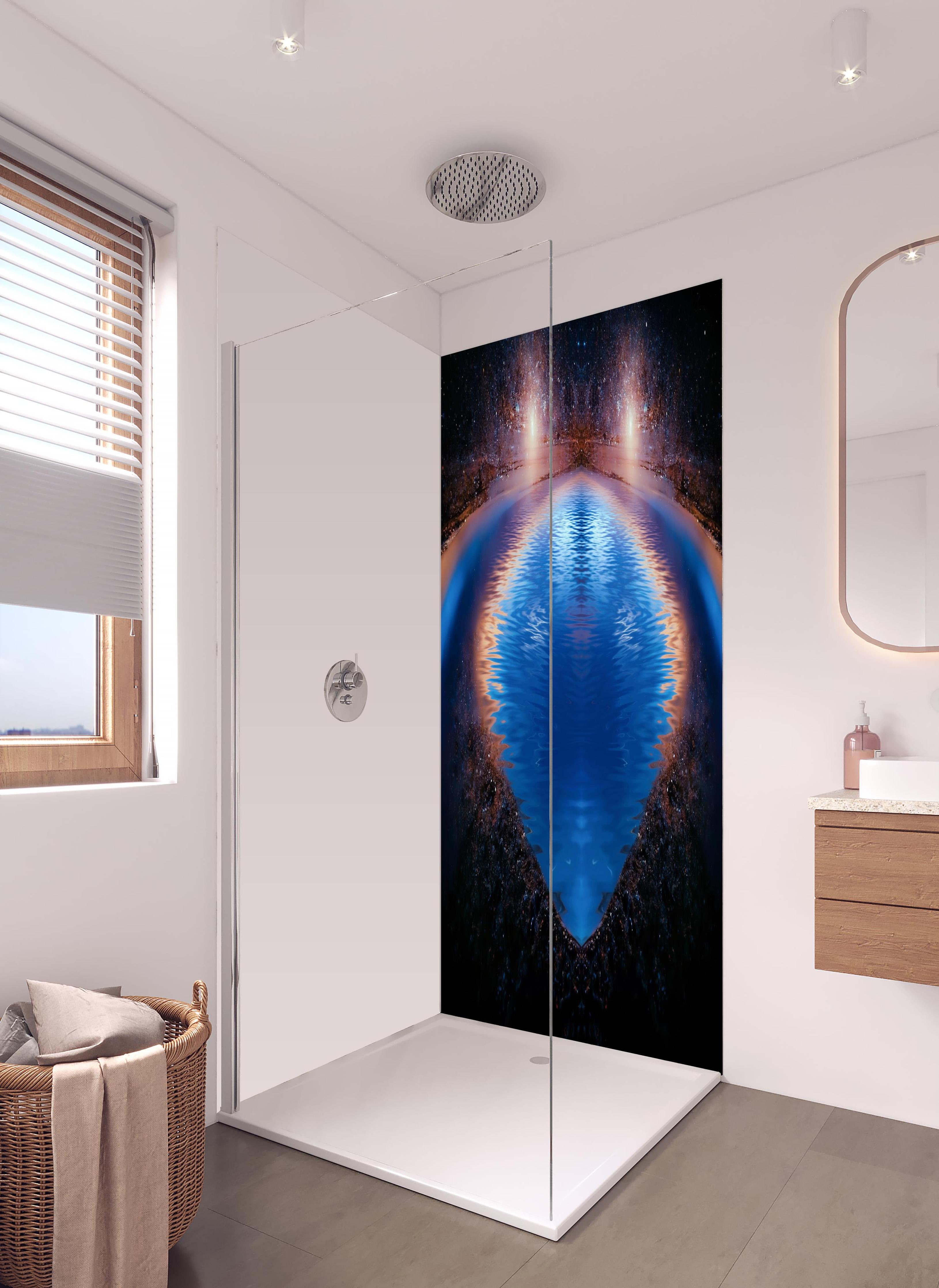 Duschrückwand - Nächtliche Fantasielandschaft in hellem Badezimmer mit Regenduschkopf - zweiteilige Eck-Duschrückwand