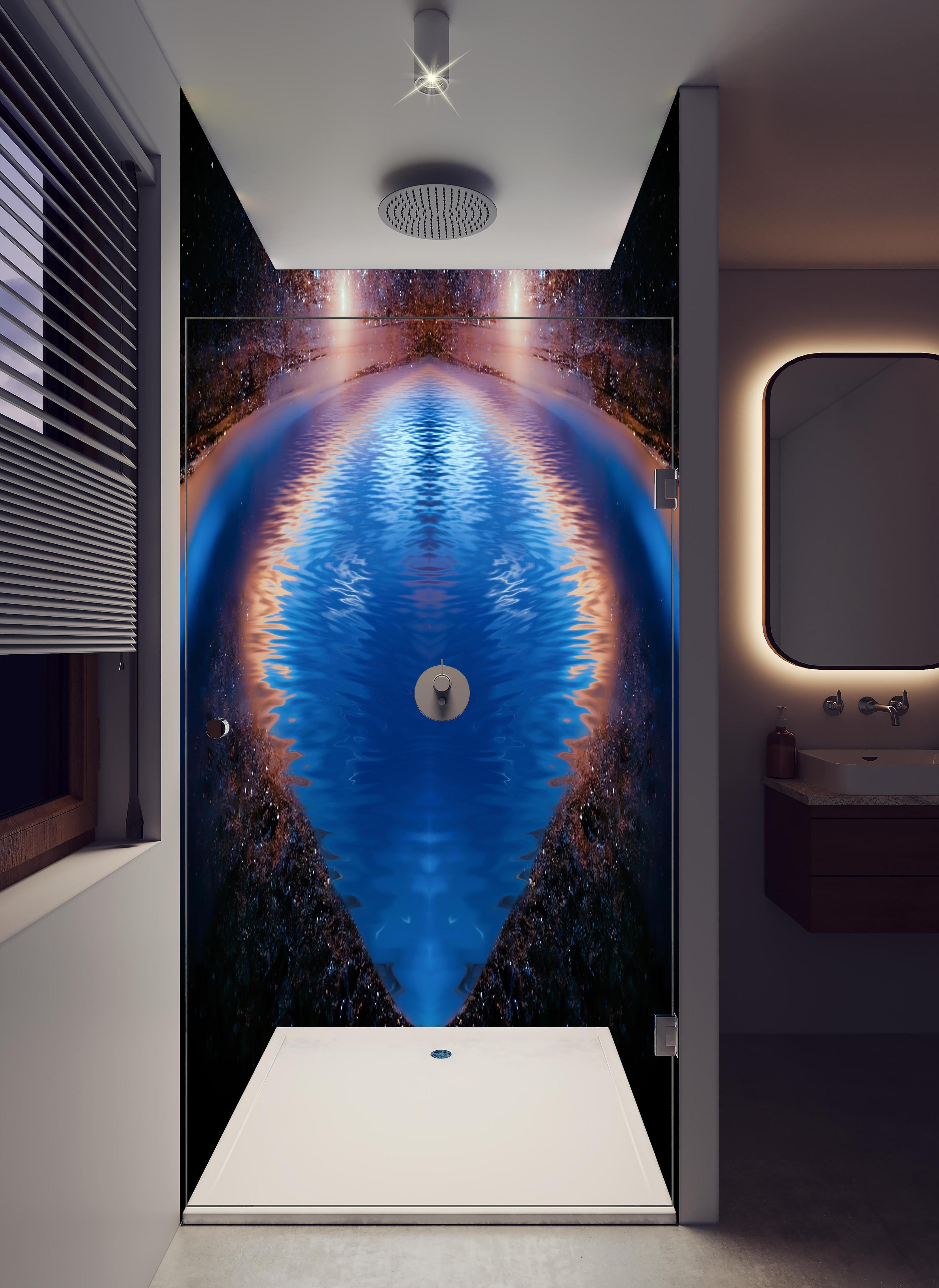 Duschrückwand - Nächtliche Fantasielandschaft in hellem Badezimmer mit Regenduschkopf - zweiteilige Eck-Duschrückwand