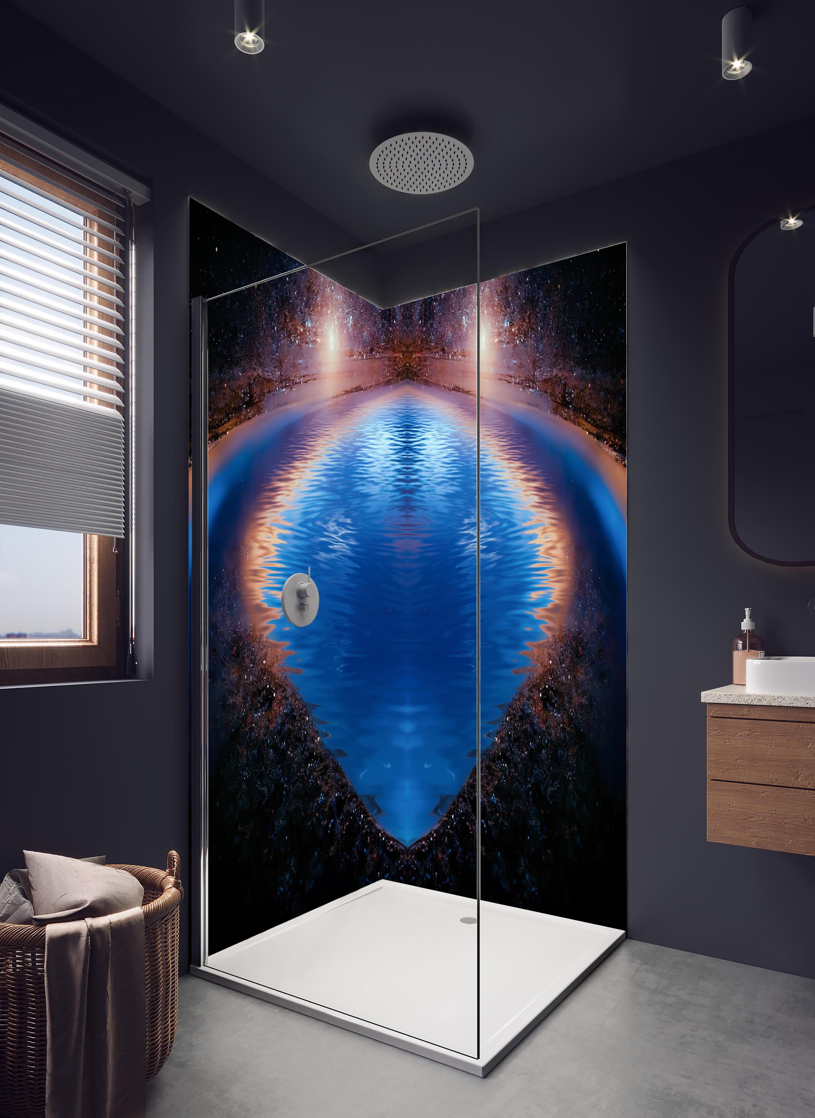 Duschrückwand - Nächtliche Fantasielandschaft in hellem Badezimmer mit Regenduschkopf - zweiteilige Eck-Duschrückwand