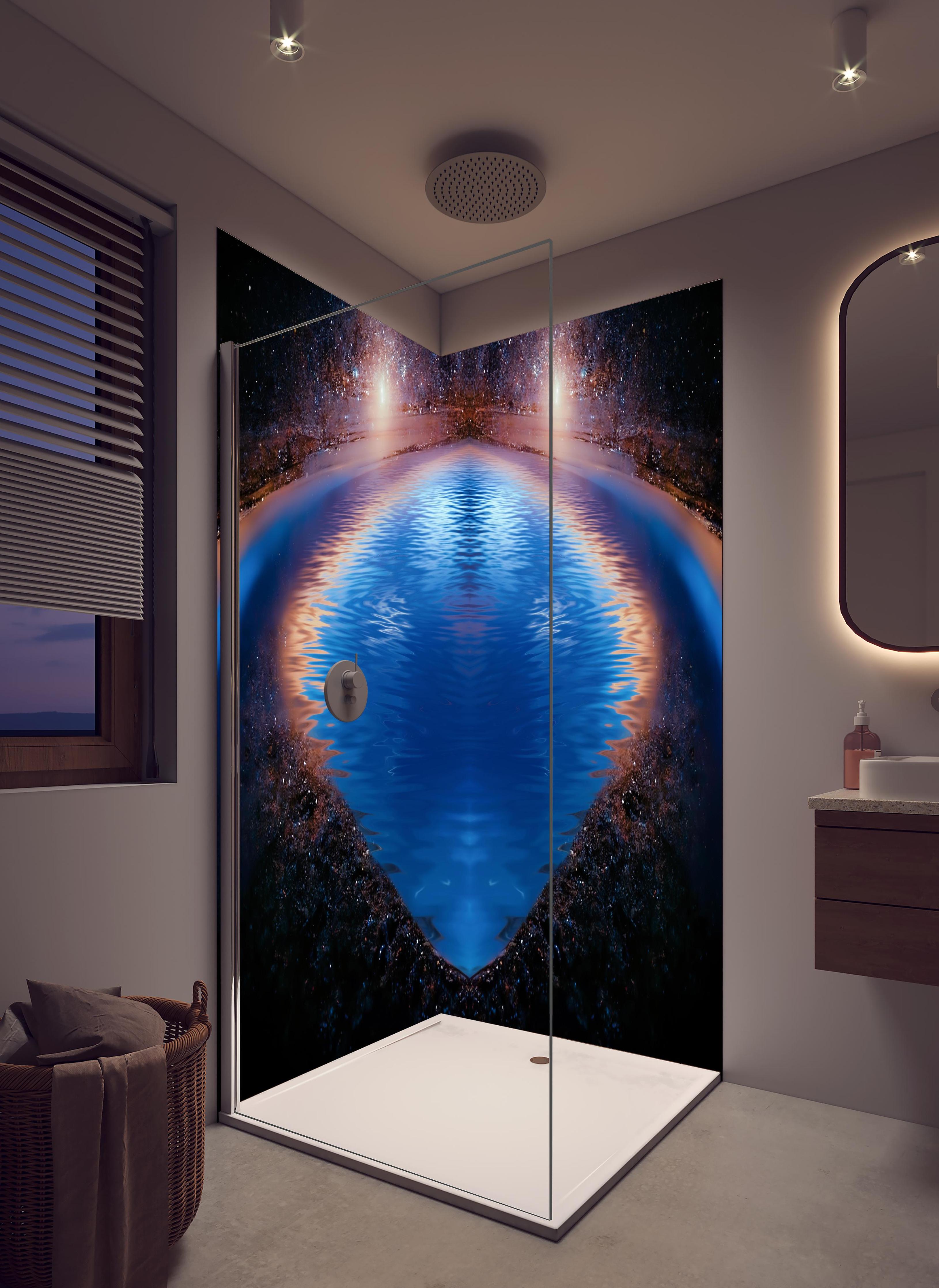 Duschrückwand - Nächtliche Fantasielandschaft in hellem Badezimmer mit Regenduschkopf - zweiteilige Eck-Duschrückwand