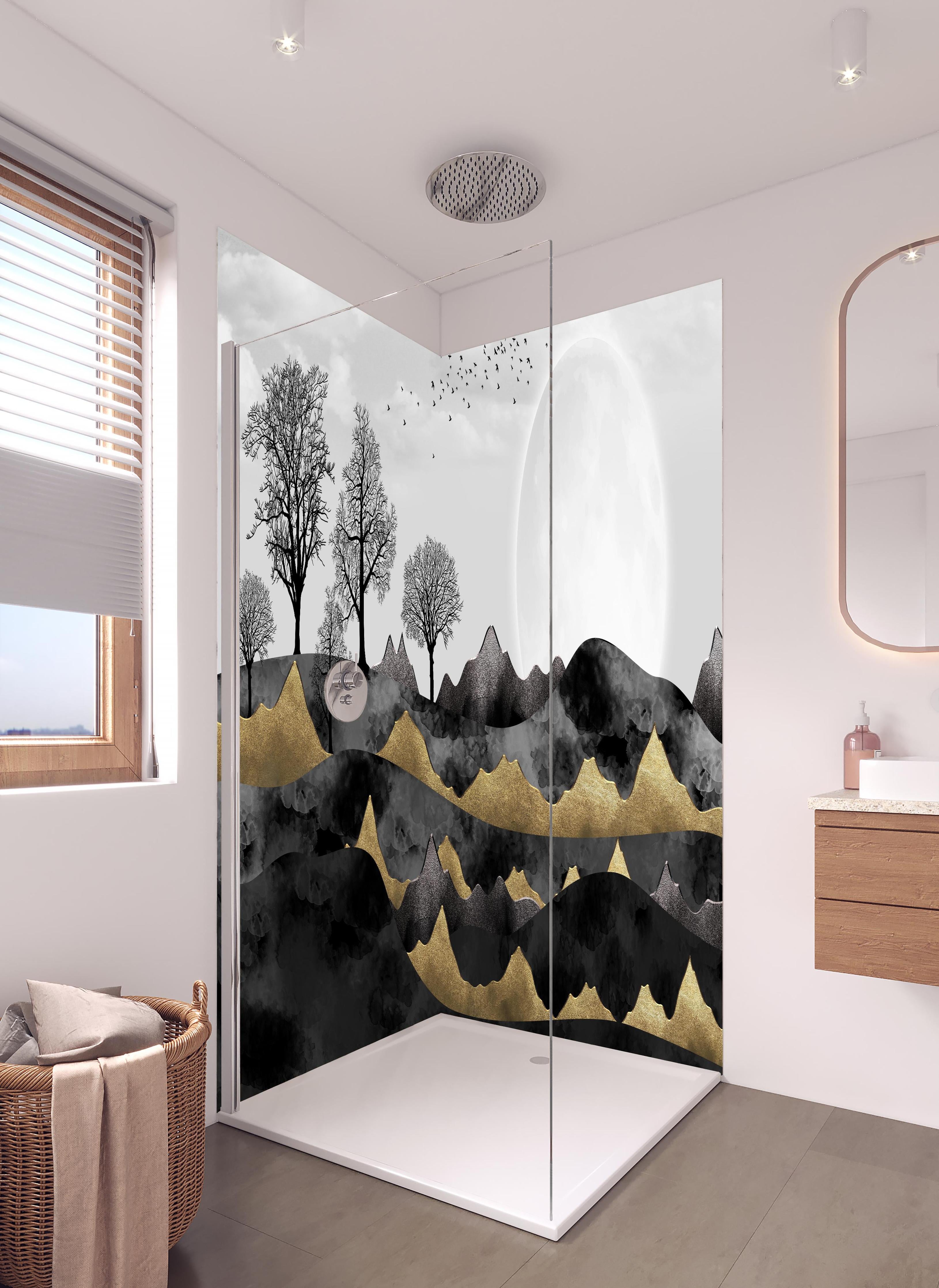 Duschrückwand - Nächtliches Landschaftsdesign - Grafik in hellem Badezimmer mit Regenduschkopf - zweiteilige Eck-Duschrückwand