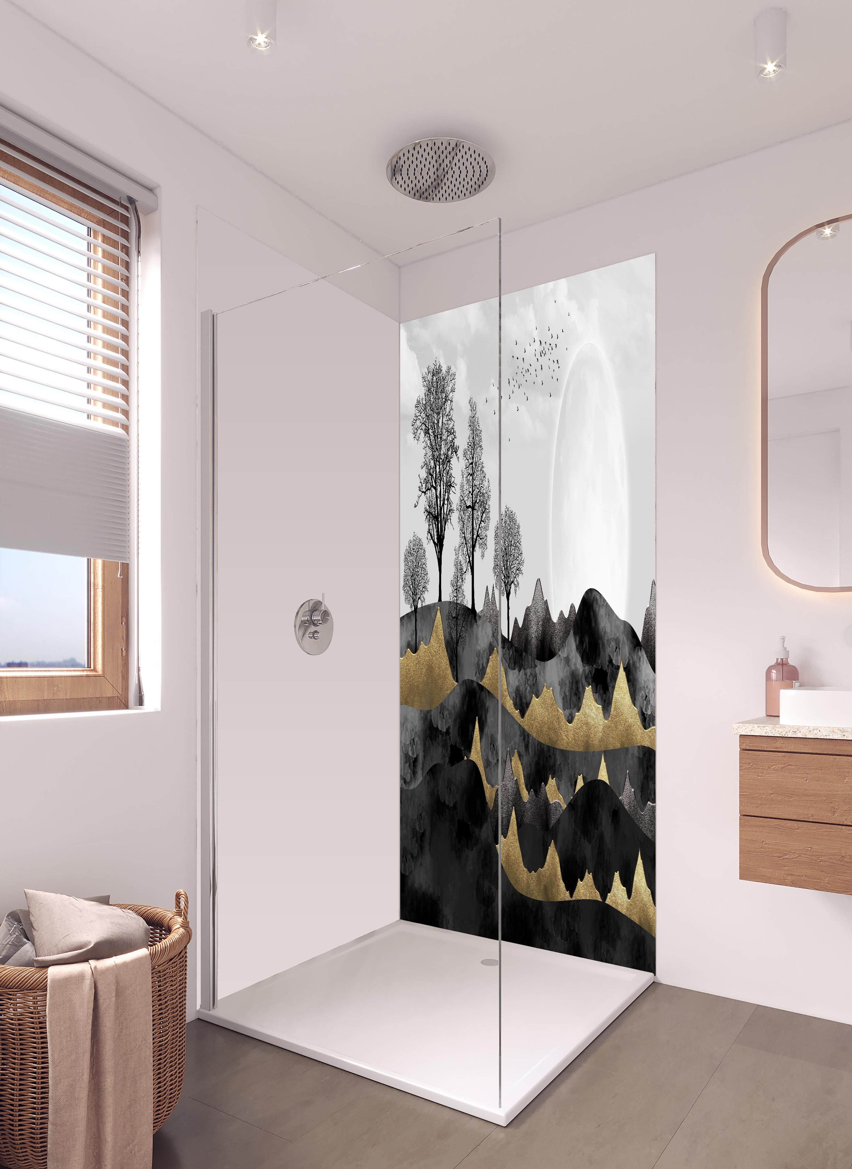 Duschrückwand - Nächtliches Landschaftsdesign - Grafik in hellem Badezimmer mit Regenduschkopf - zweiteilige Eck-Duschrückwand