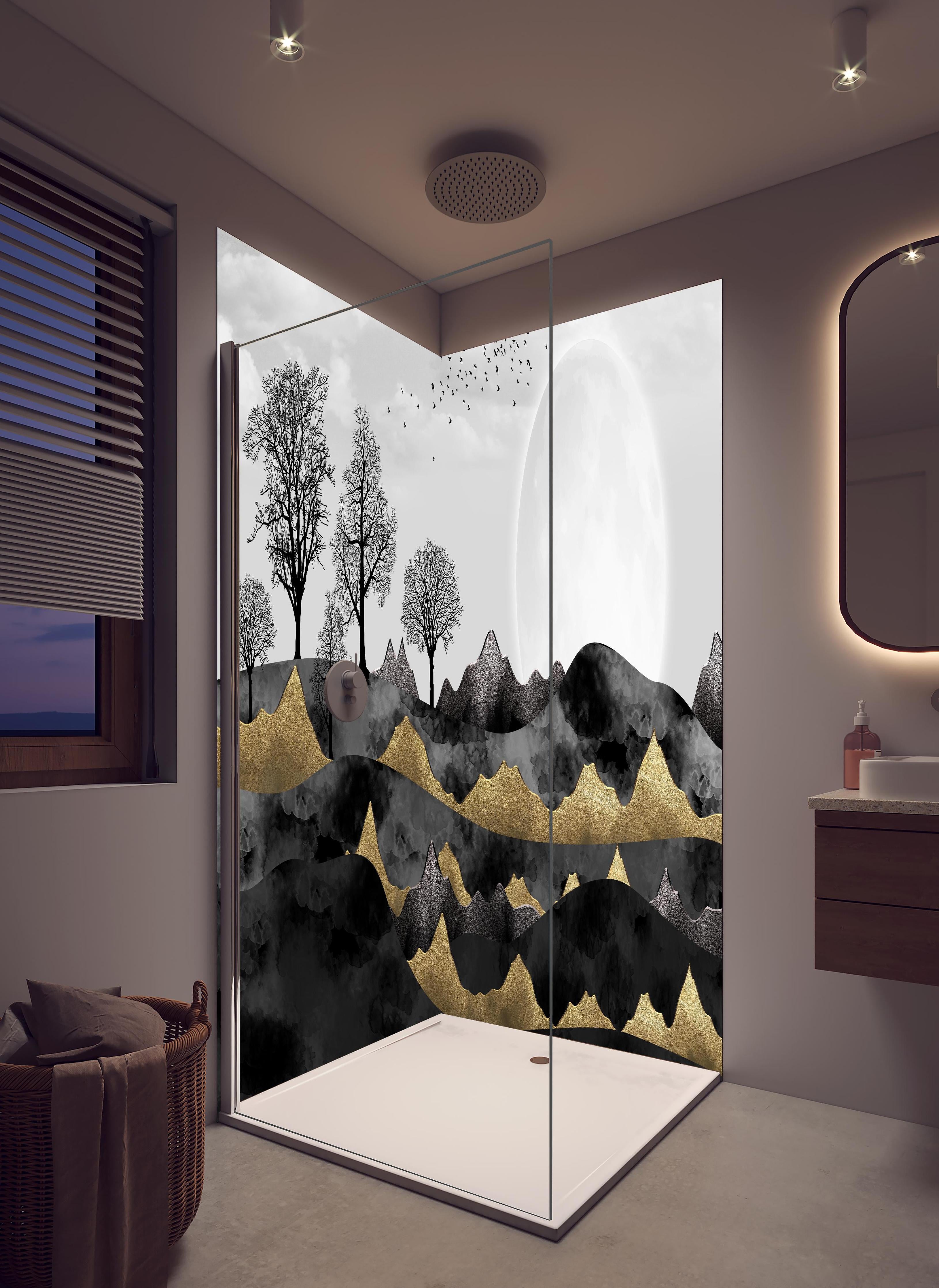 Duschrückwand - Nächtliches Landschaftsdesign - Grafik in hellem Badezimmer mit Regenduschkopf - zweiteilige Eck-Duschrückwand