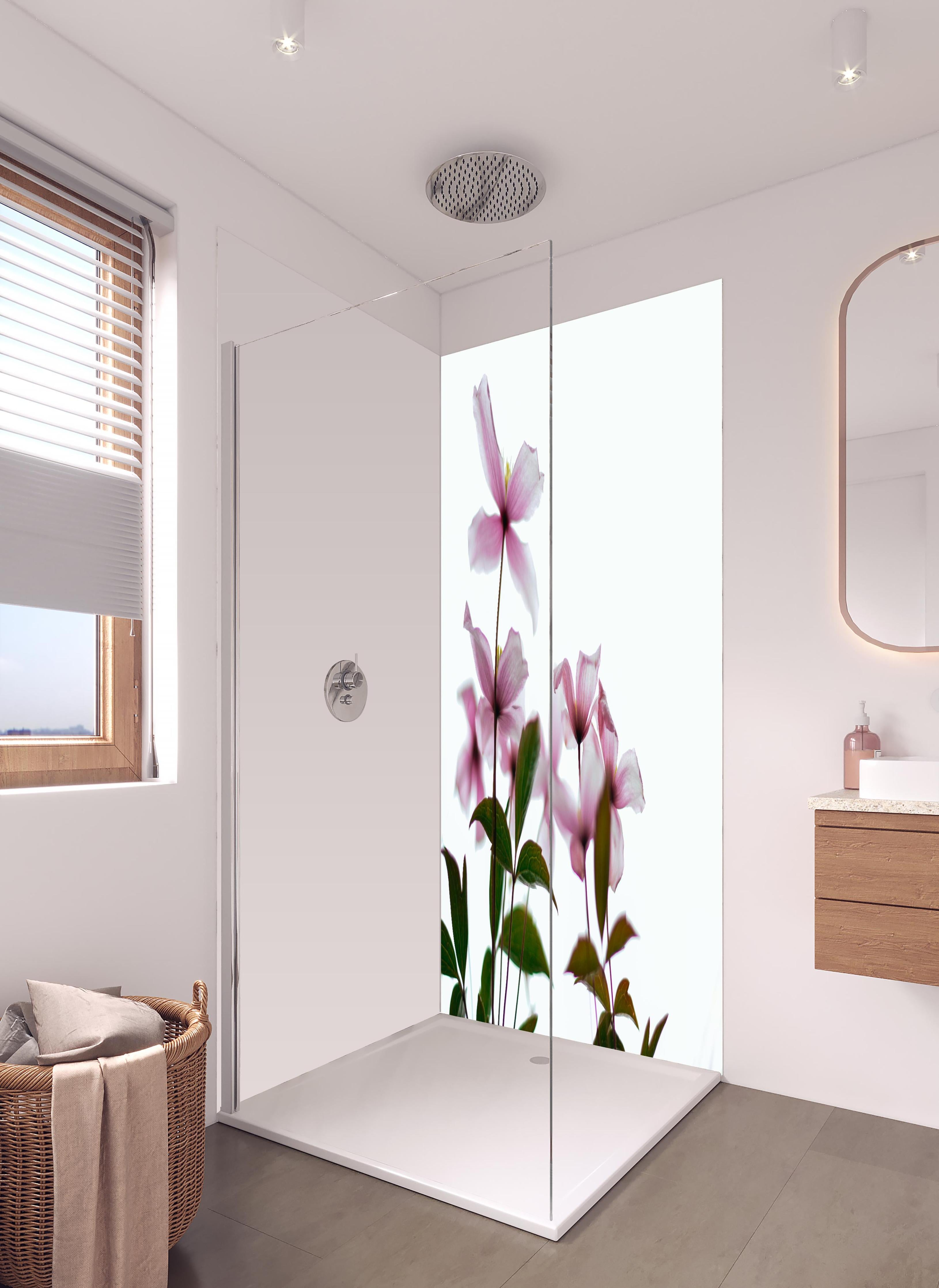 Duschrückwand - Nahaufnahme - Clematis Blüten in hellem Badezimmer mit Regenduschkopf - zweiteilige Eck-Duschrückwand