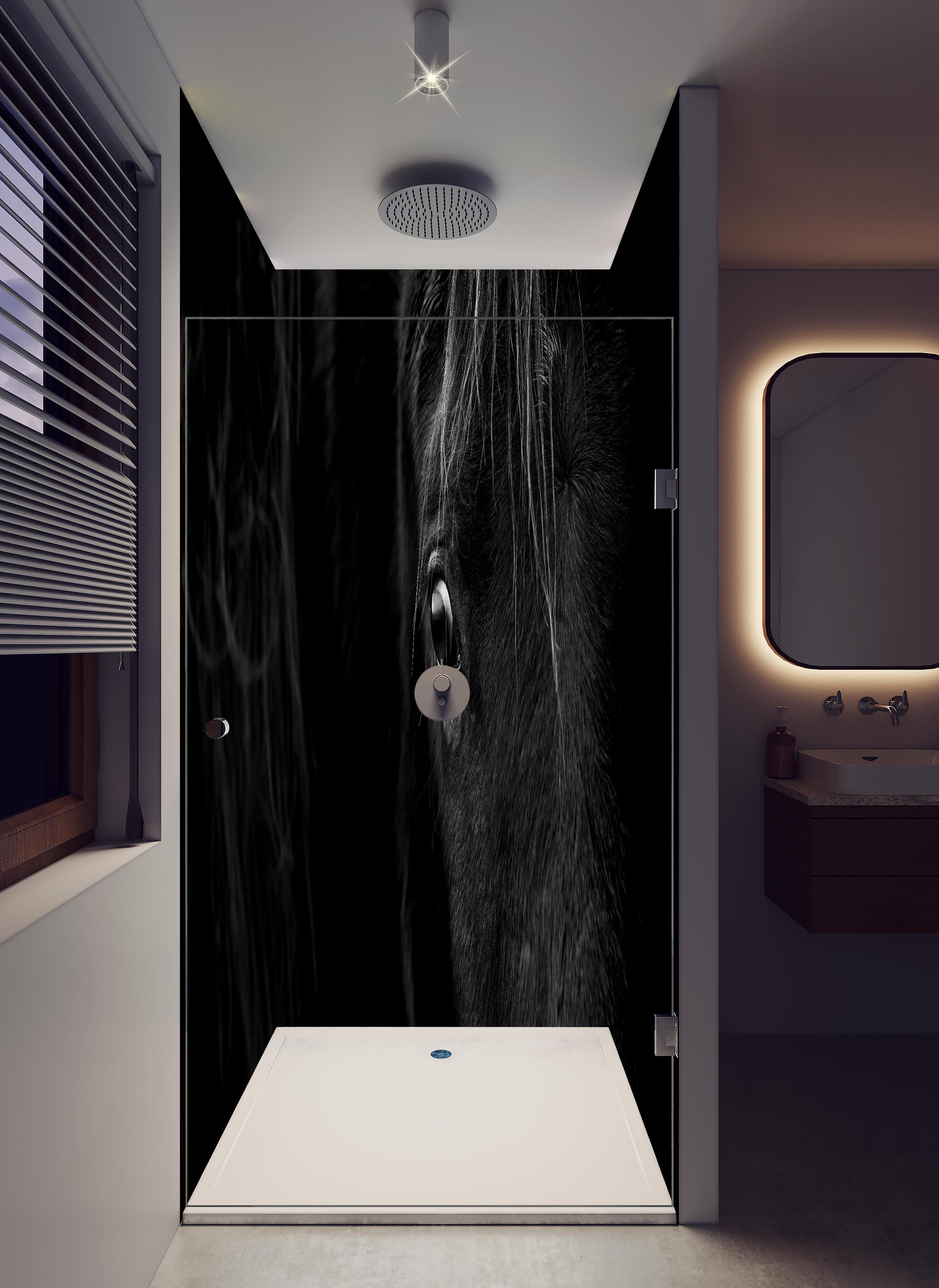 Duschrückwand - Nahaufnahme - Pferdekopf in hellem Badezimmer mit Regenduschkopf - zweiteilige Eck-Duschrückwand