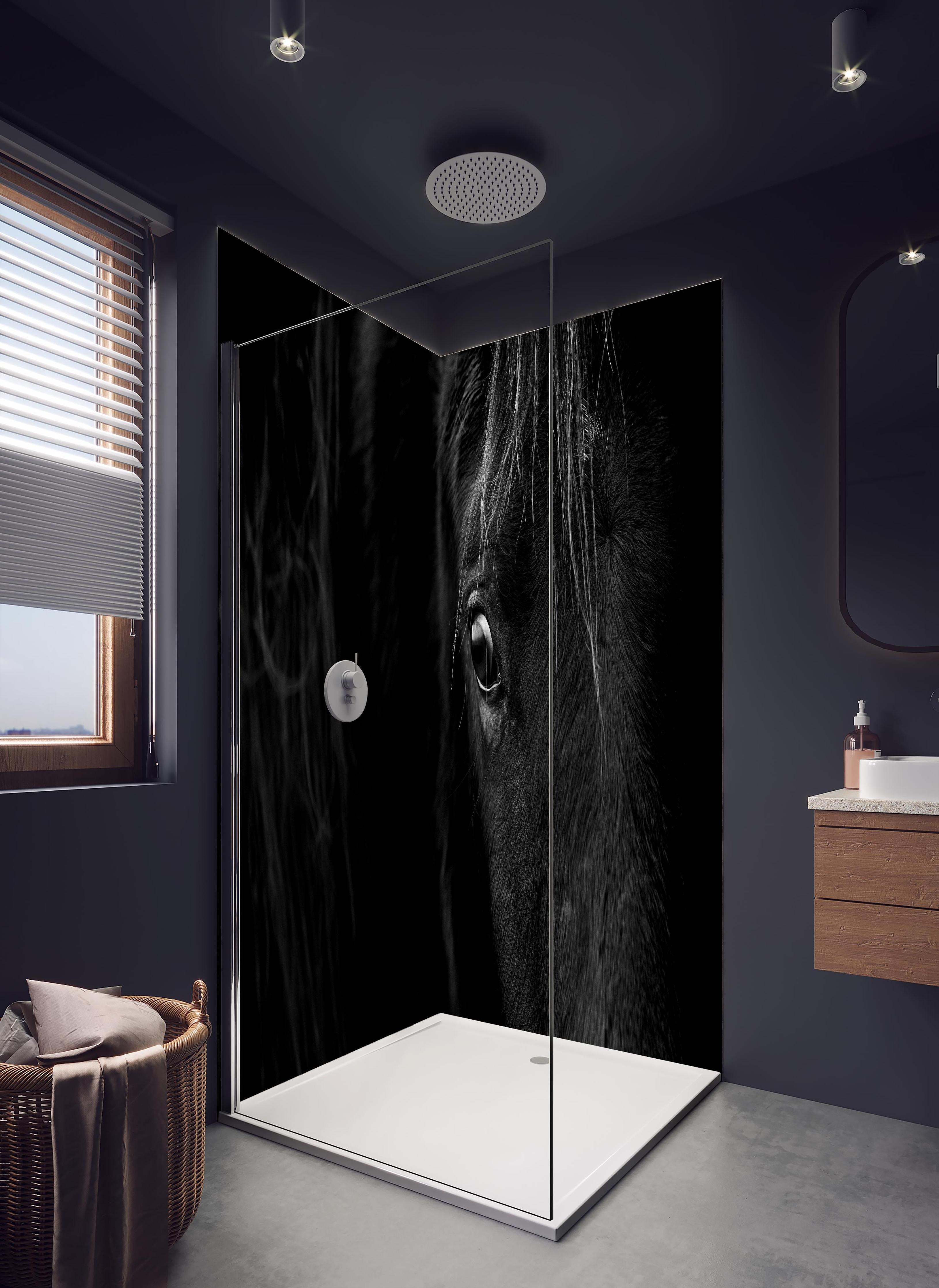 Duschrückwand - Nahaufnahme - Pferdekopf in hellem Badezimmer mit Regenduschkopf - zweiteilige Eck-Duschrückwand