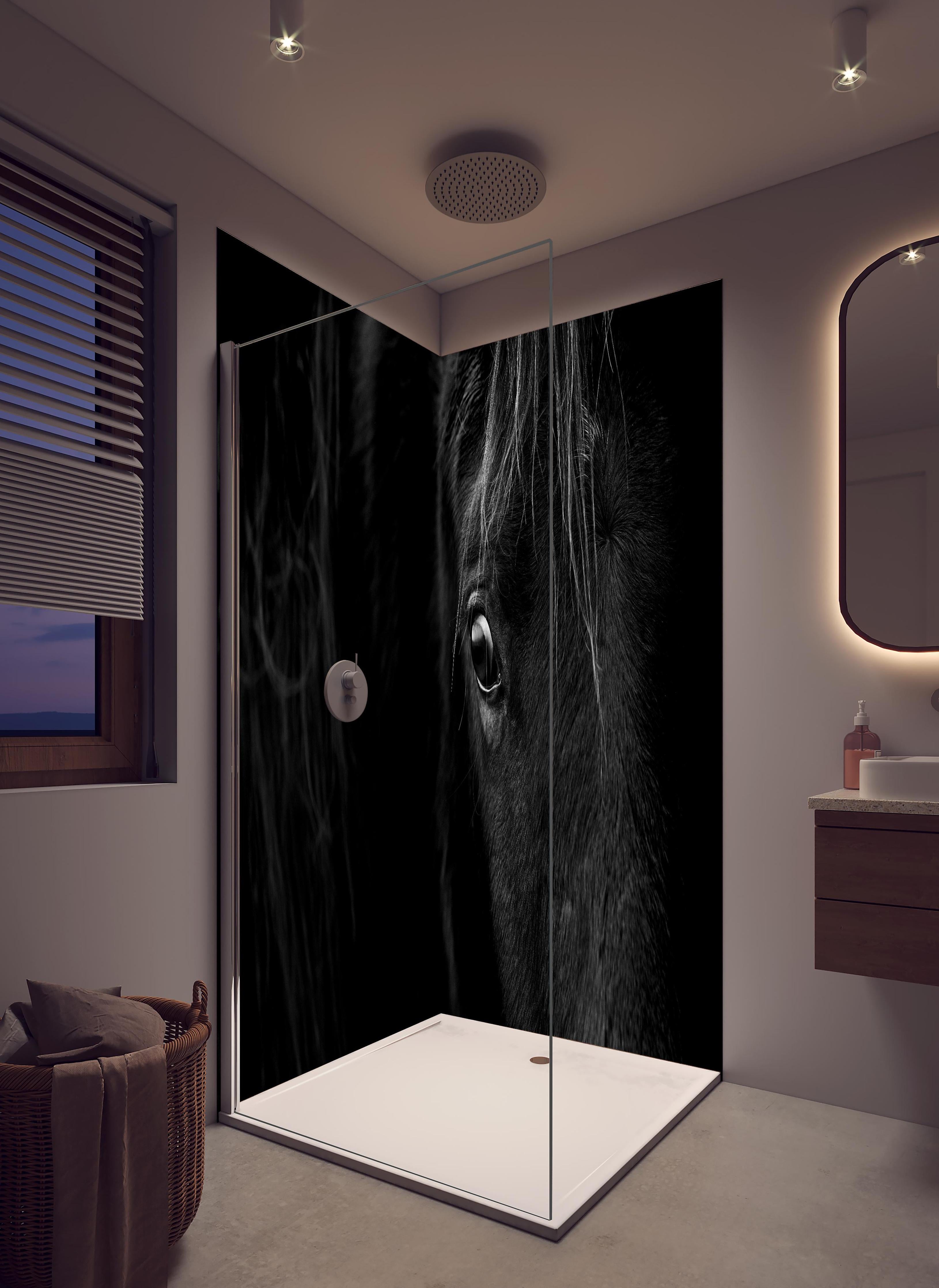 Duschrückwand - Nahaufnahme - Pferdekopf in hellem Badezimmer mit Regenduschkopf - zweiteilige Eck-Duschrückwand