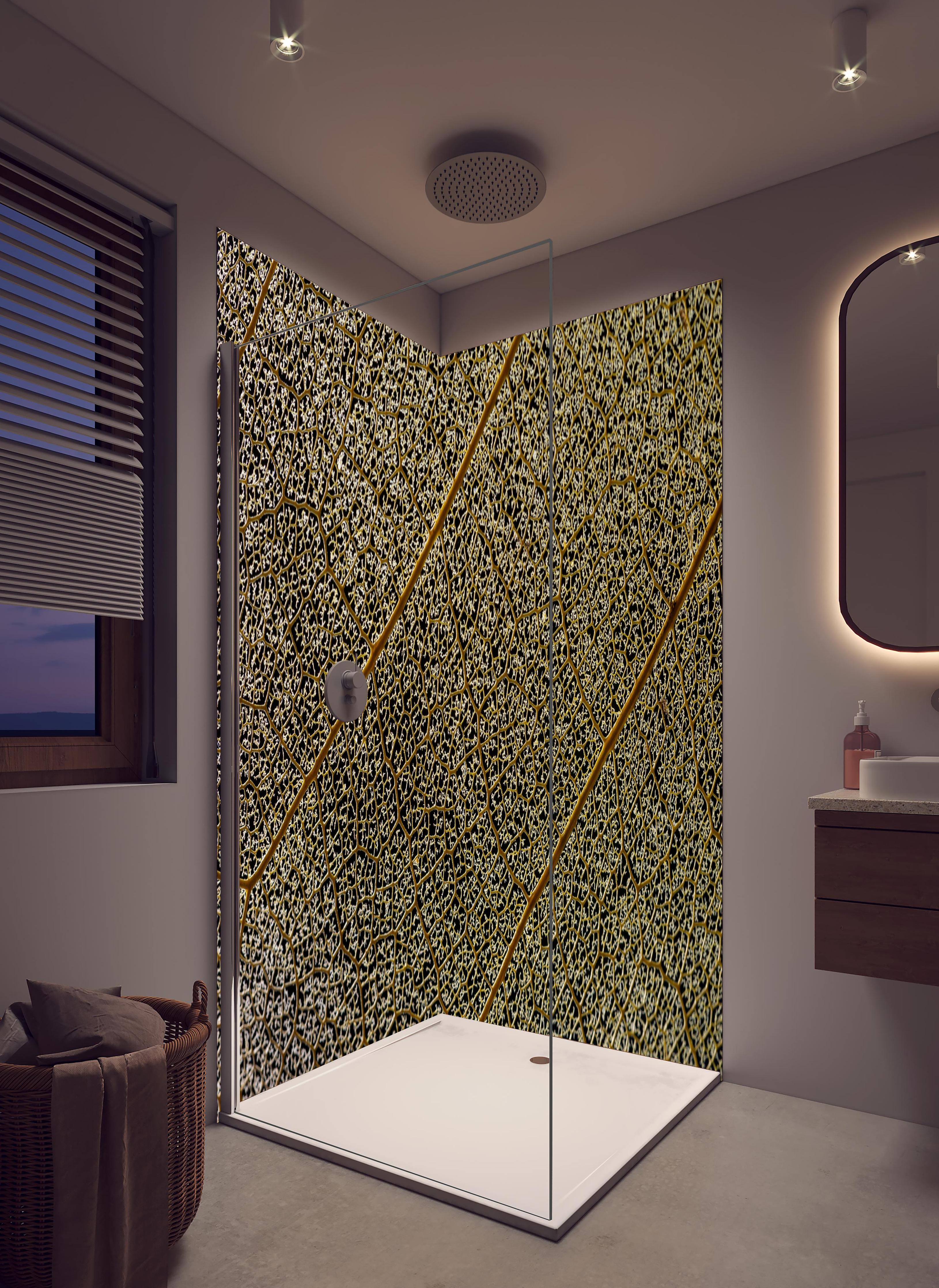 Duschrückwand - Nahaufnahme Blattstruktur mit Adern in hellem Badezimmer mit Regenduschkopf - zweiteilige Eck-Duschrückwand