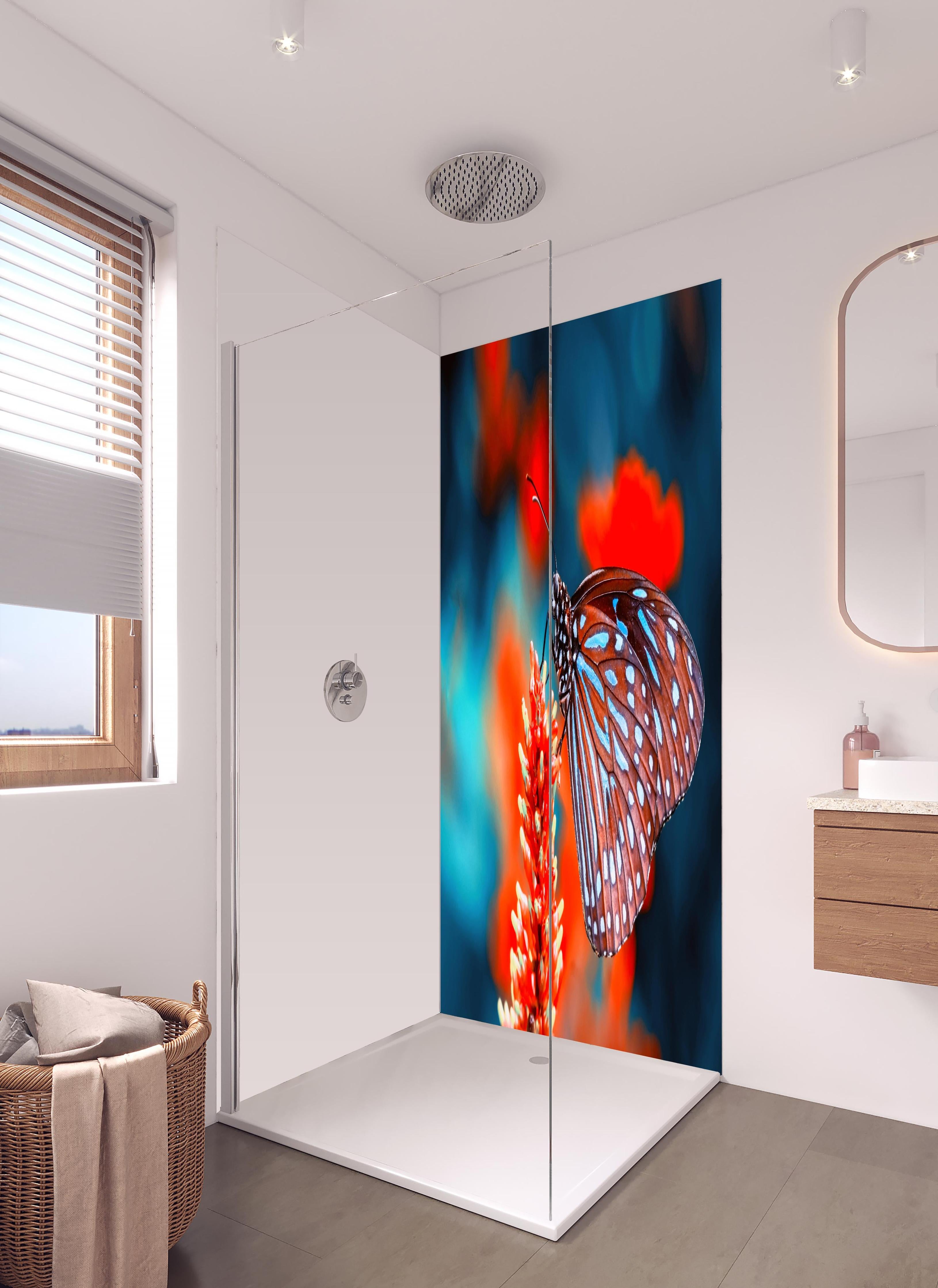 Duschrückwand - Nahaufnahme eines bezaubernden Schmetterlings in hellem Badezimmer mit Regenduschkopf - zweiteilige Eck-Duschrückwand