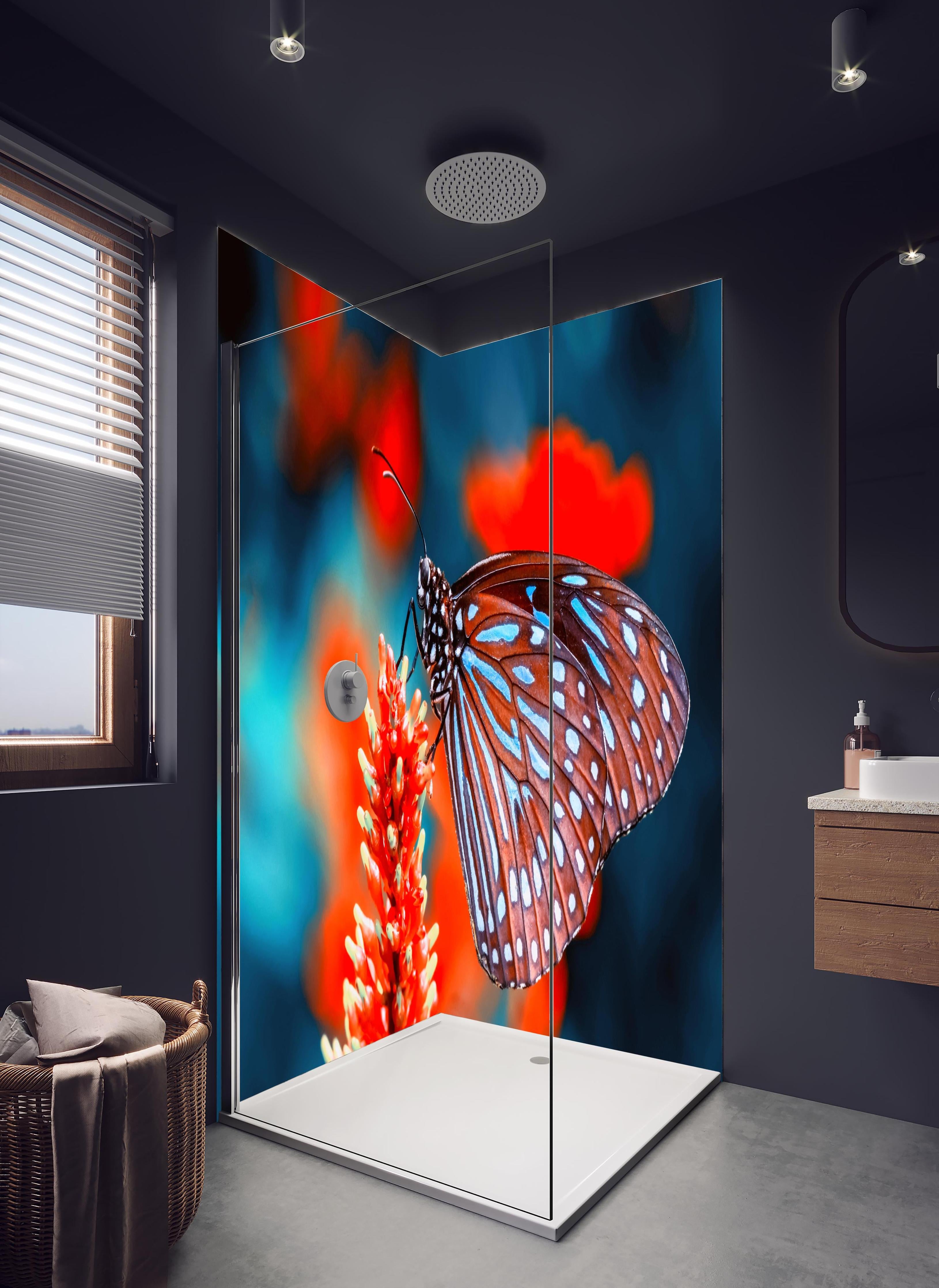 Duschrückwand - Nahaufnahme eines bezaubernden Schmetterlings in hellem Badezimmer mit Regenduschkopf - zweiteilige Eck-Duschrückwand