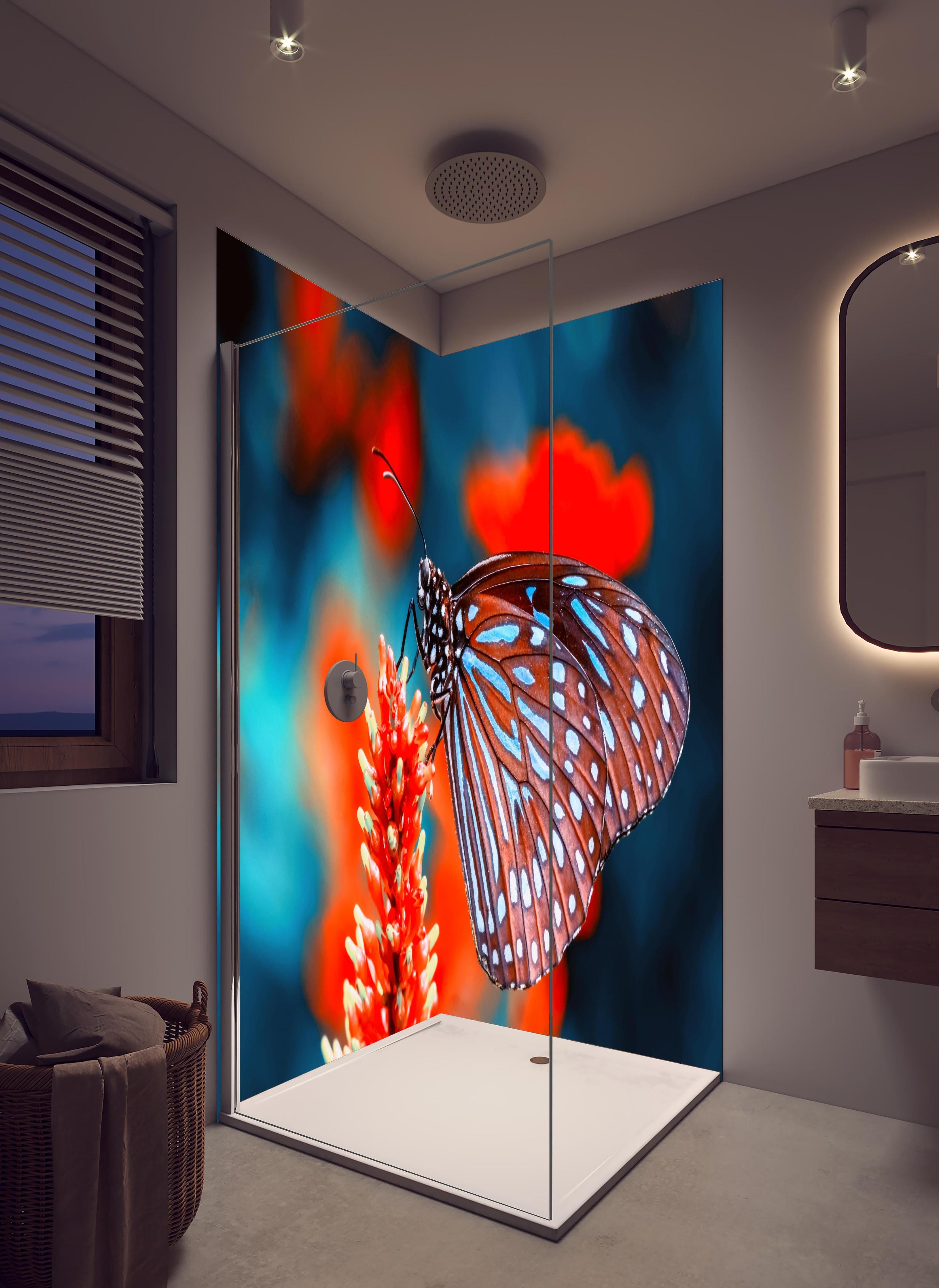 Duschrückwand - Nahaufnahme eines bezaubernden Schmetterlings in hellem Badezimmer mit Regenduschkopf - zweiteilige Eck-Duschrückwand