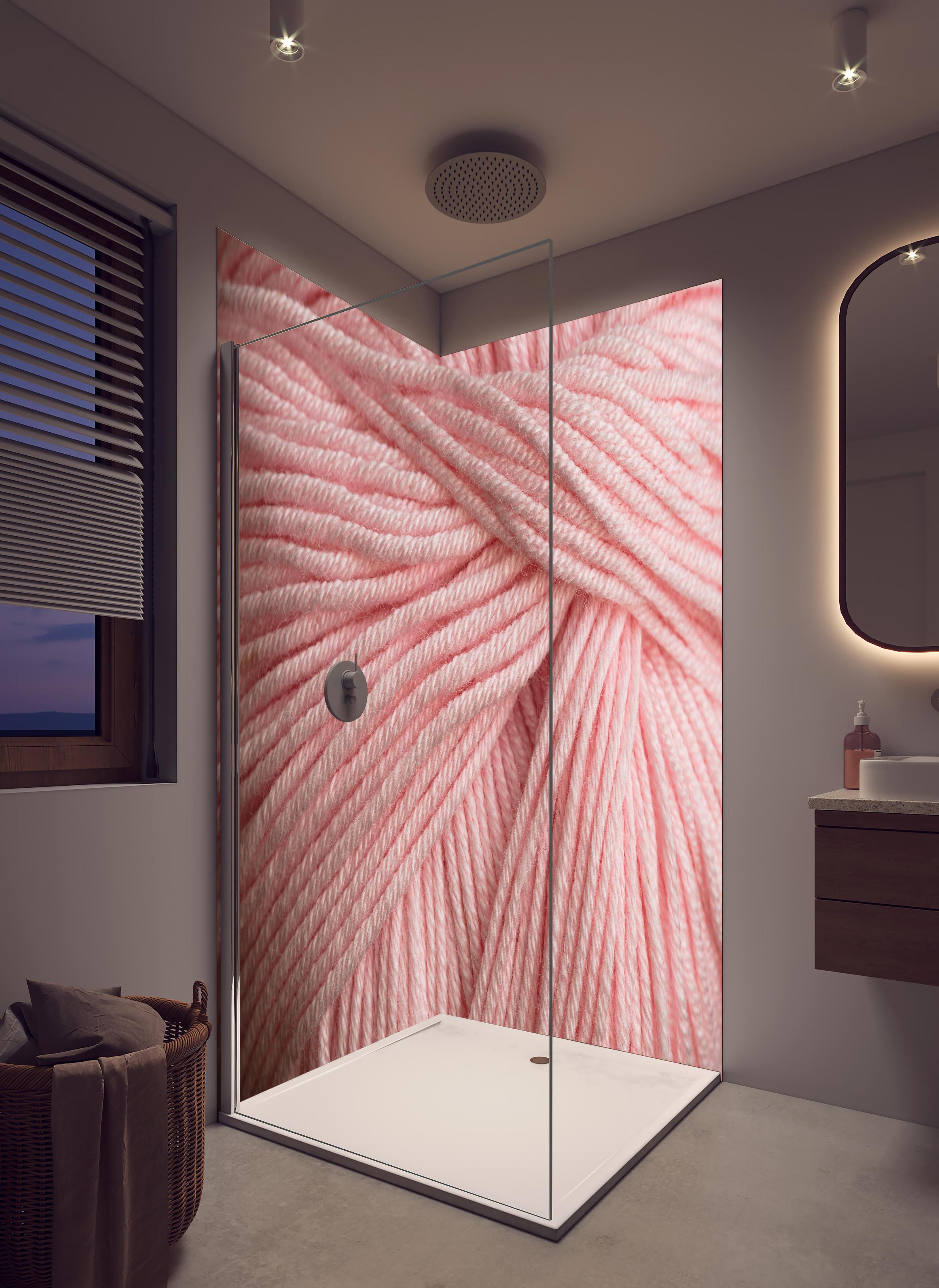 Duschrückwand - Nahaufnahme eines rosa Garnknäuels in hellem Badezimmer mit Regenduschkopf - zweiteilige Eck-Duschrückwand