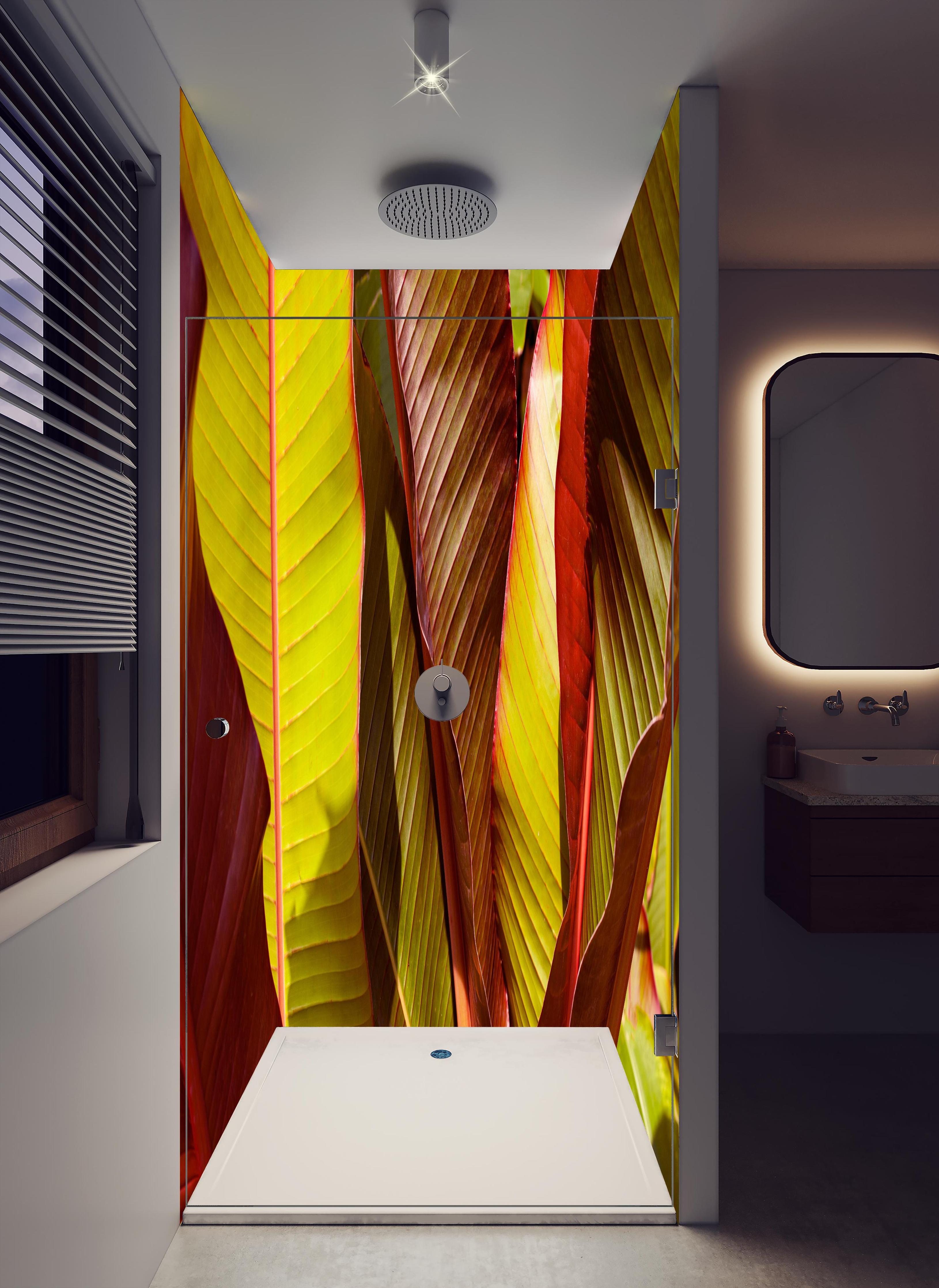 Duschrückwand - Nahaufnahme von Bananenblättern in hellem Badezimmer mit Regenduschkopf - zweiteilige Eck-Duschrückwand