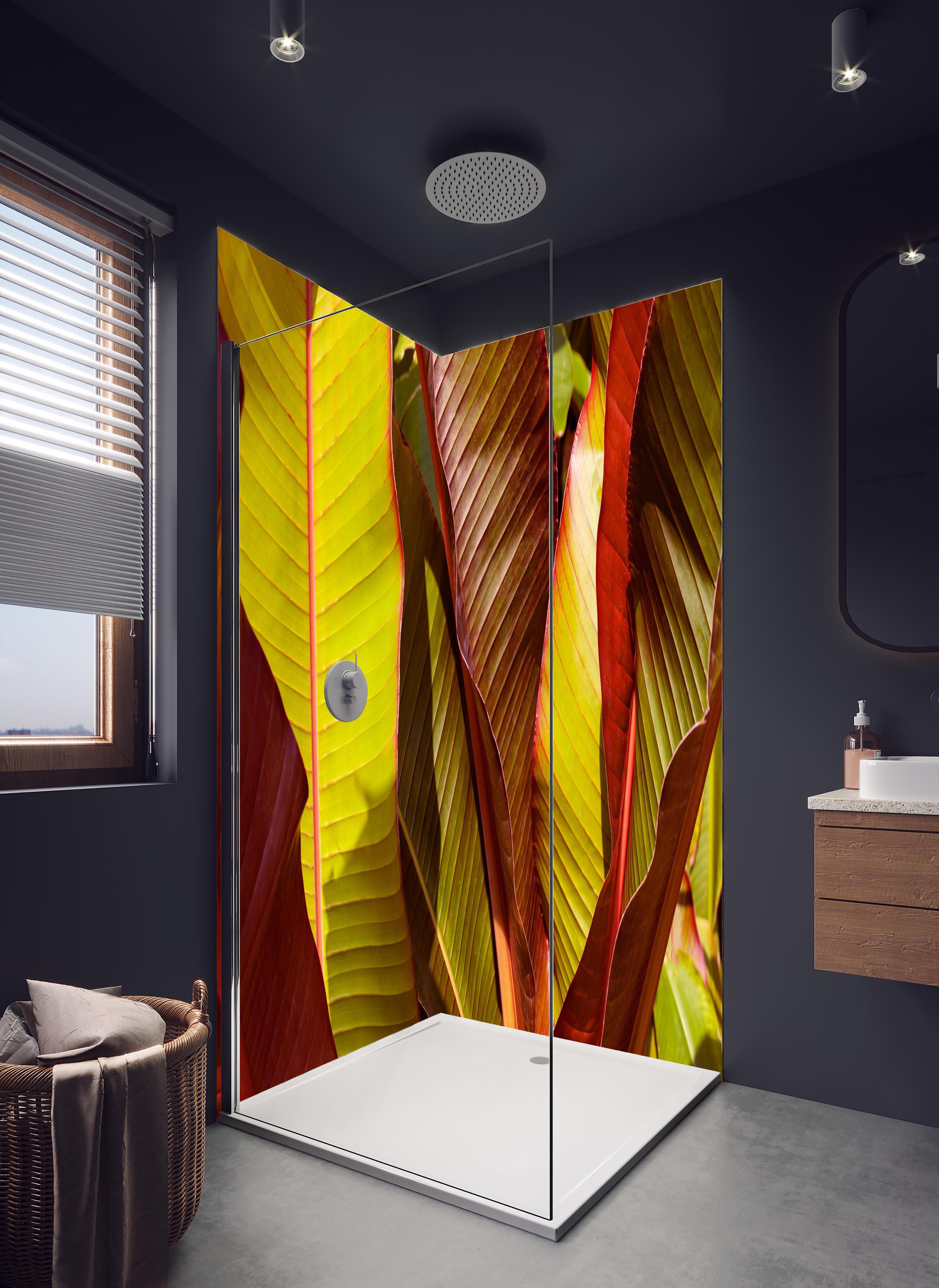 Duschrückwand - Nahaufnahme von Bananenblättern in hellem Badezimmer mit Regenduschkopf - zweiteilige Eck-Duschrückwand