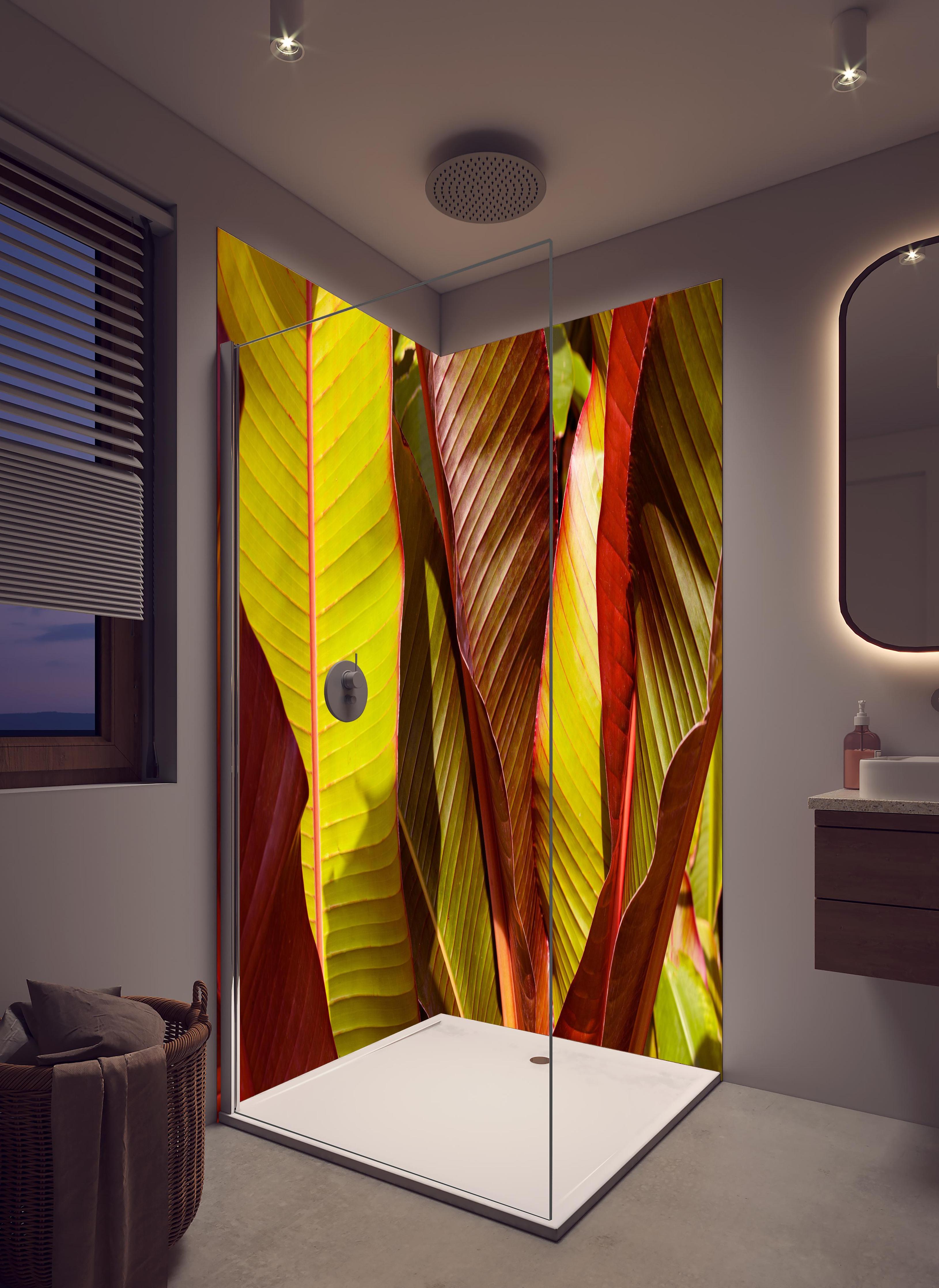 Duschrückwand - Nahaufnahme von Bananenblättern in hellem Badezimmer mit Regenduschkopf - zweiteilige Eck-Duschrückwand