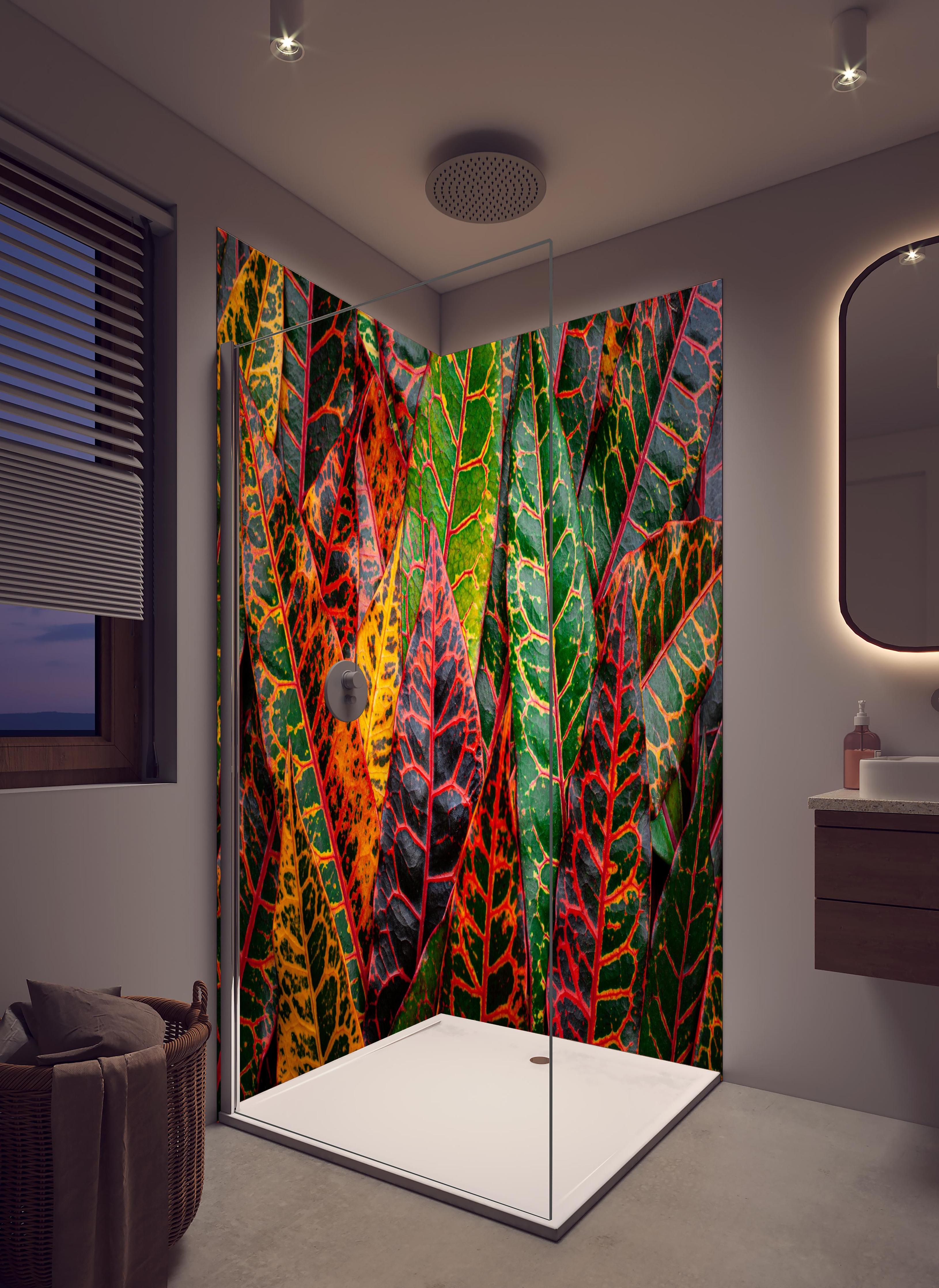 Duschrückwand - Nahaufnahme von einzigartigen bunten Blättern in hellem Badezimmer mit Regenduschkopf - zweiteilige Eck-Duschrückwand