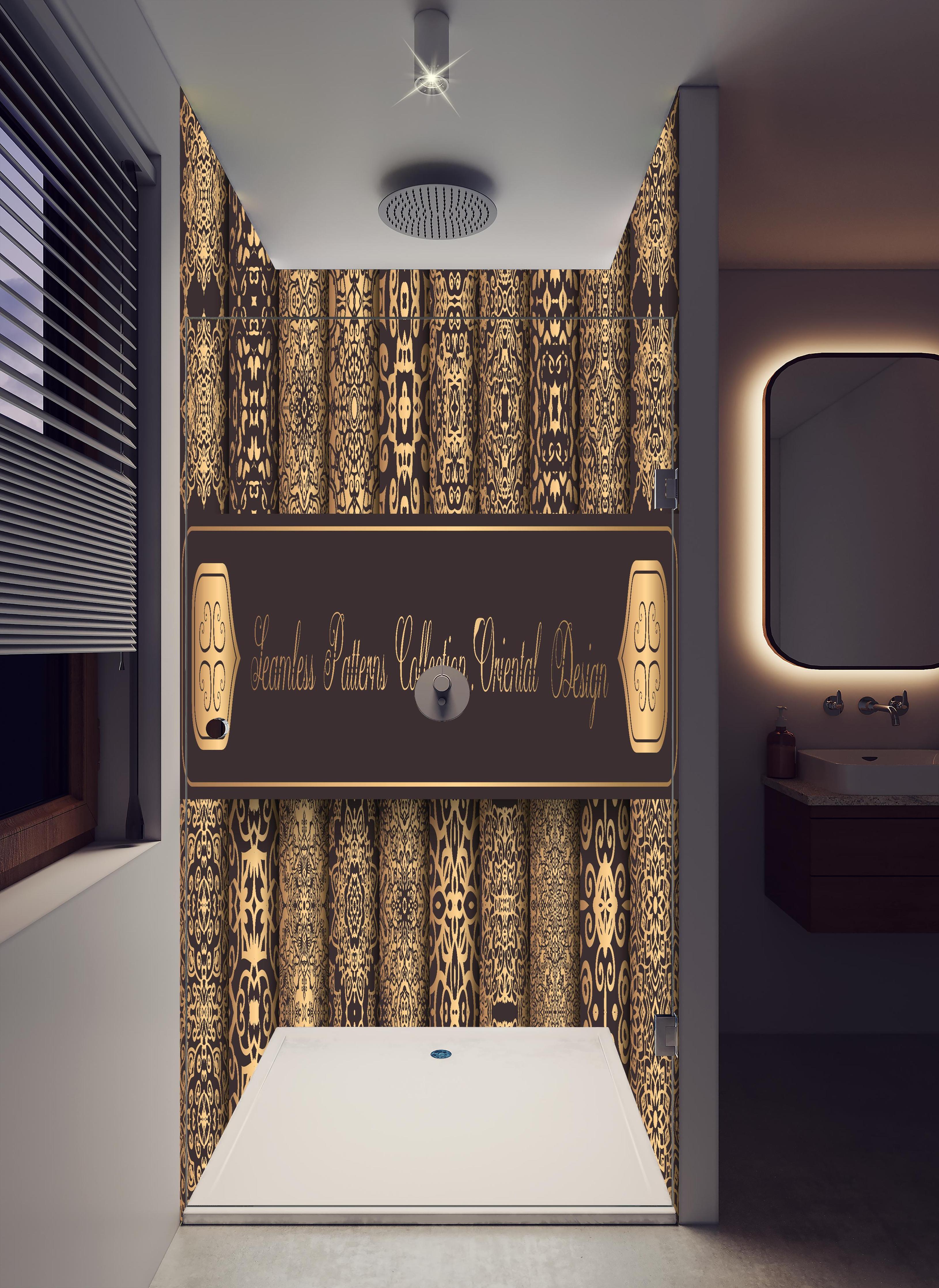 Duschrückwand - Nahtlose Muster mit goldenen Ornamenten in hellem Badezimmer mit Regenduschkopf - zweiteilige Eck-Duschrückwand