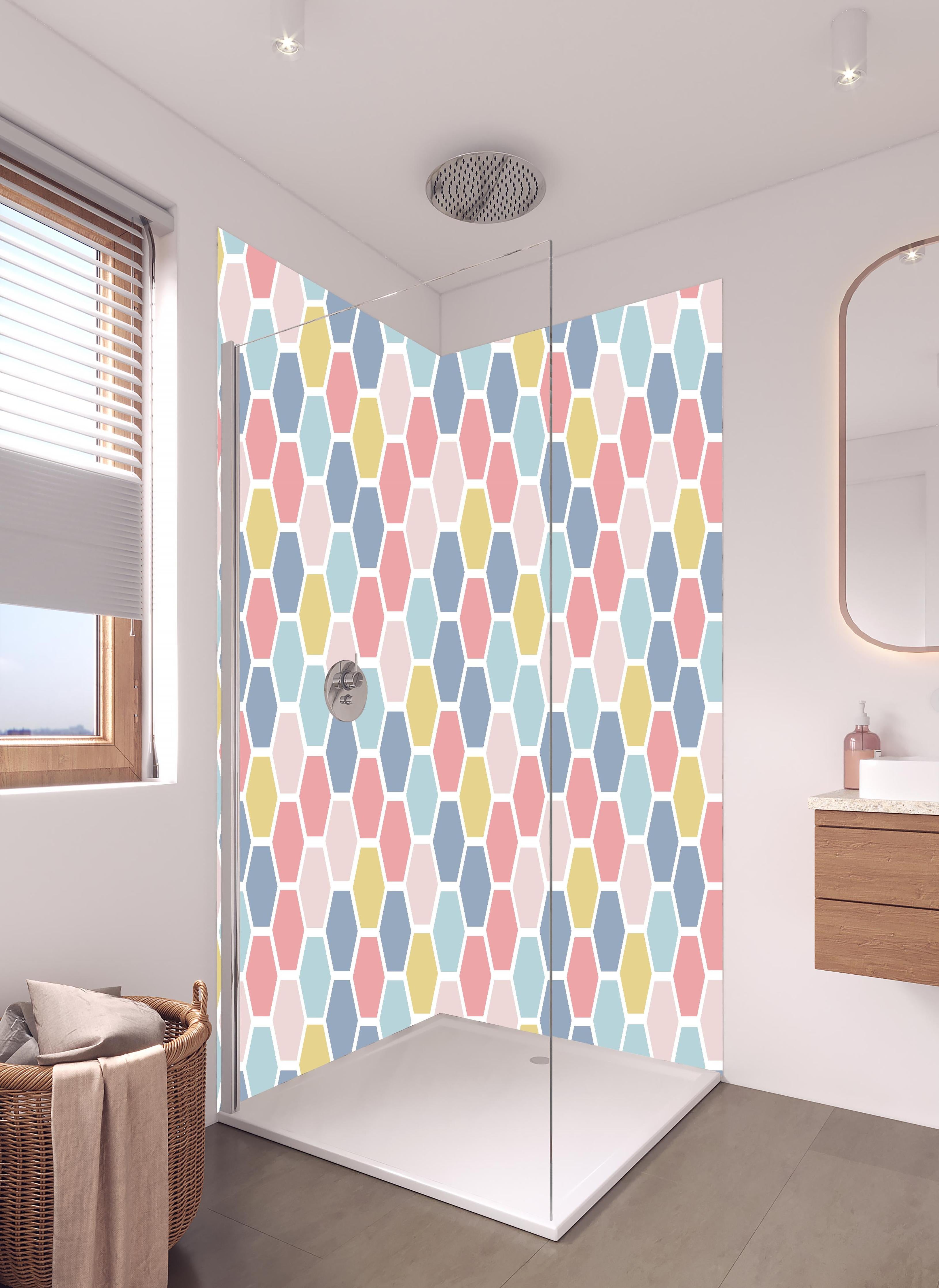 Duschrückwand - Nahtloses Nordisches Sechseck Farbmuster in hellem Badezimmer mit Regenduschkopf - zweiteilige Eck-Duschrückwand