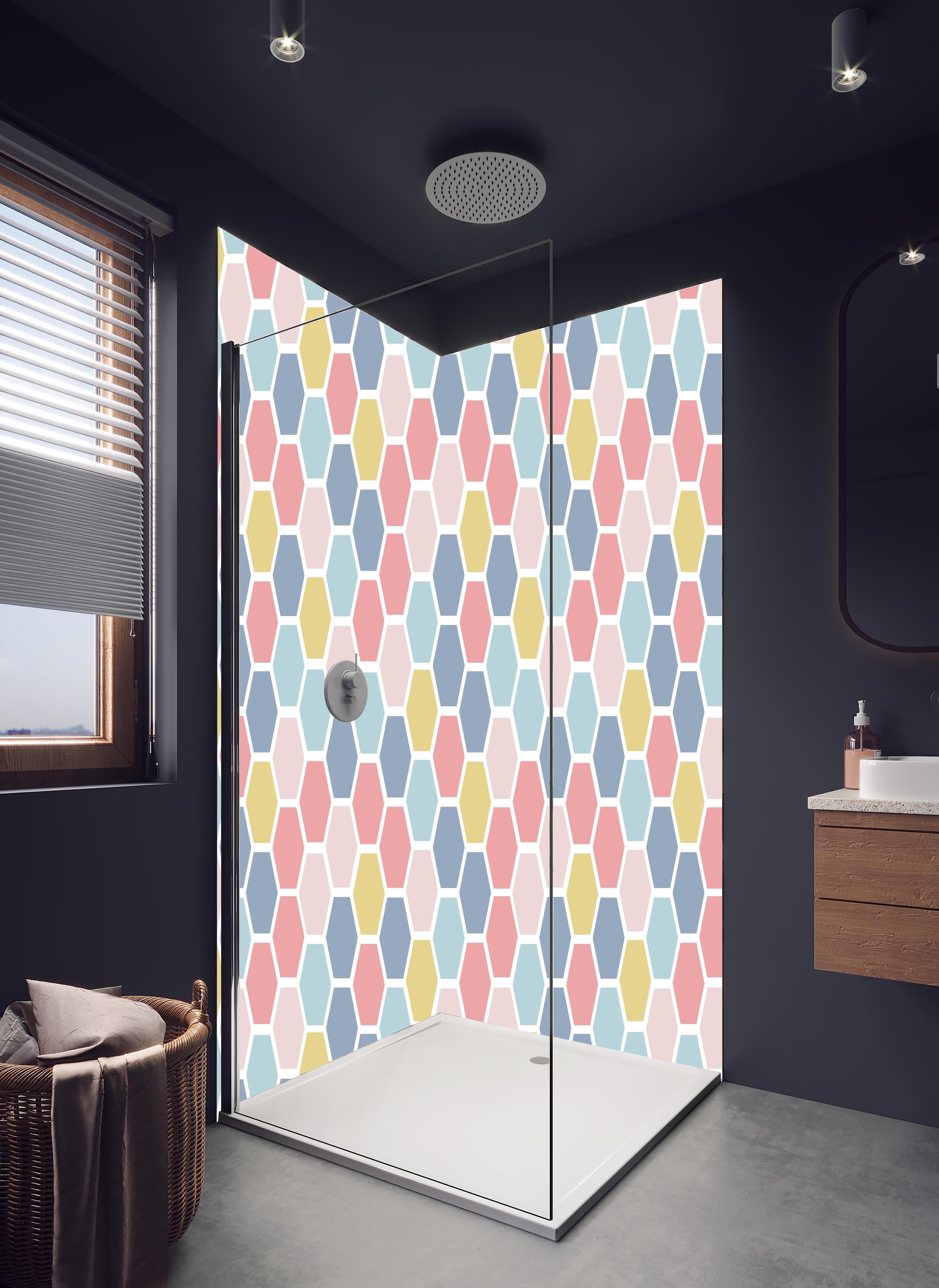 Duschrückwand - Nahtloses Nordisches Sechseck Farbmuster in hellem Badezimmer mit Regenduschkopf - zweiteilige Eck-Duschrückwand