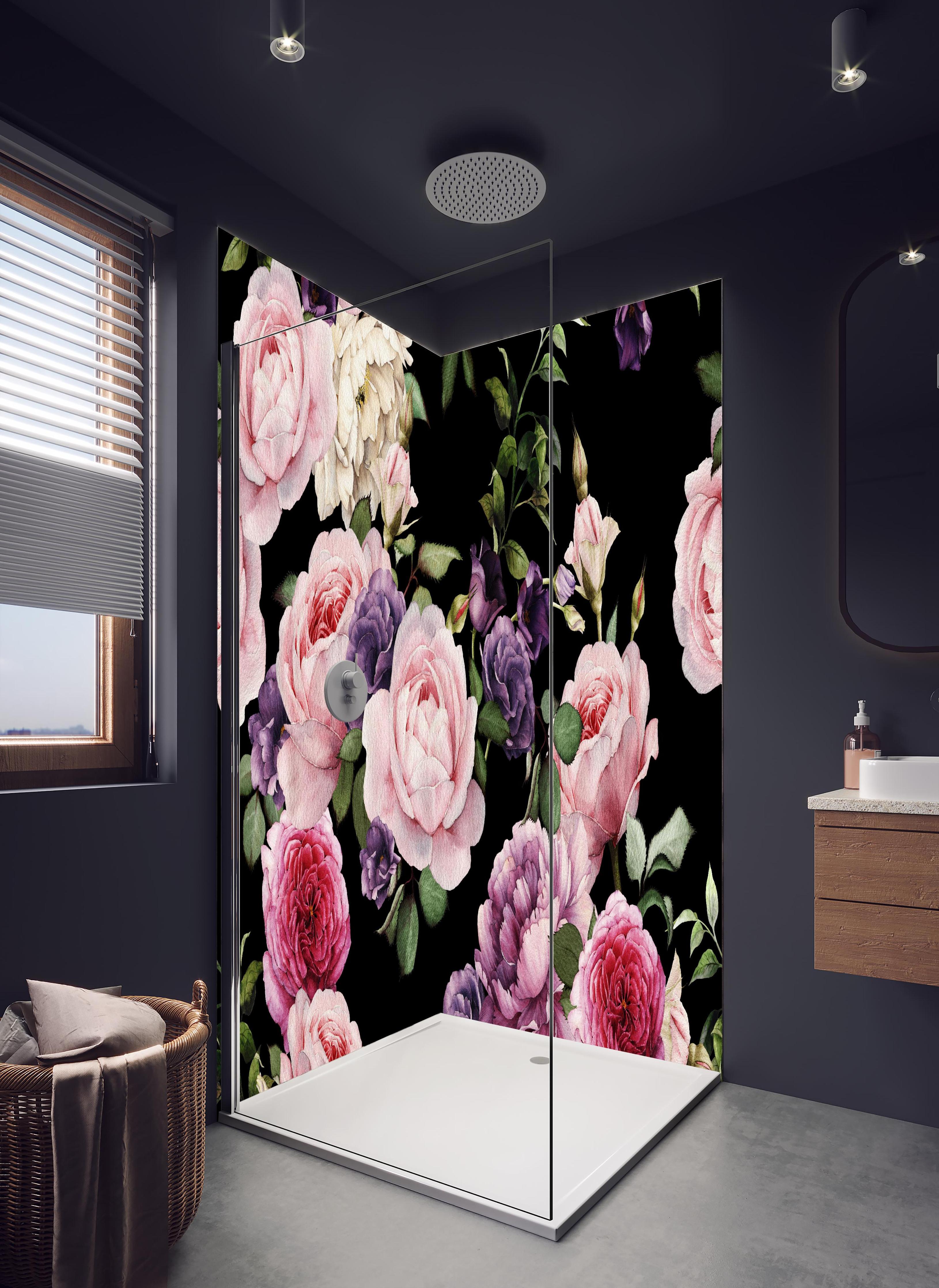 Duschrückwand - Nahtloses florales Muster mit Rosen in hellem Badezimmer mit Regenduschkopf - zweiteilige Eck-Duschrückwand