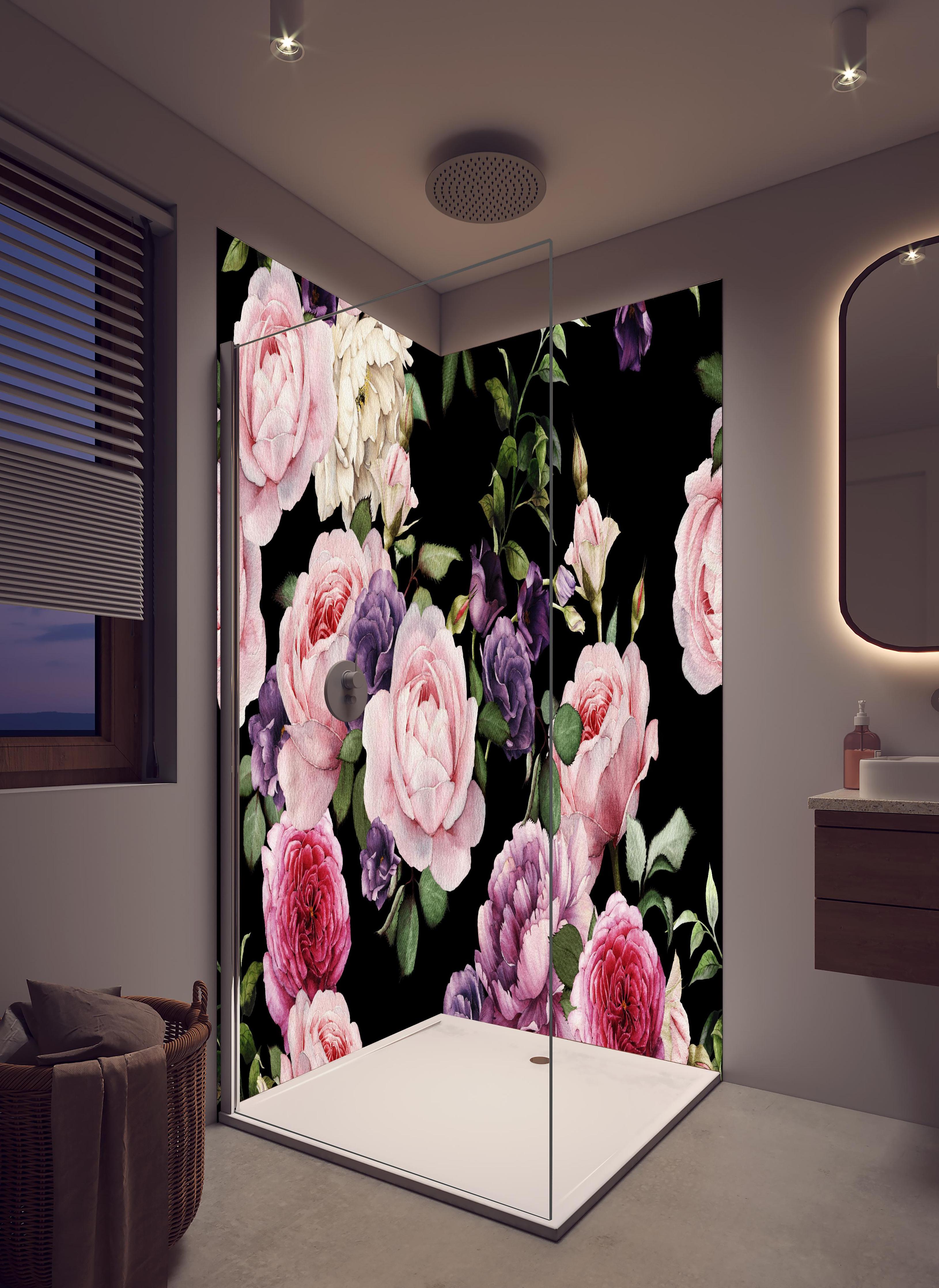 Duschrückwand - Nahtloses florales Muster mit Rosen in hellem Badezimmer mit Regenduschkopf - zweiteilige Eck-Duschrückwand