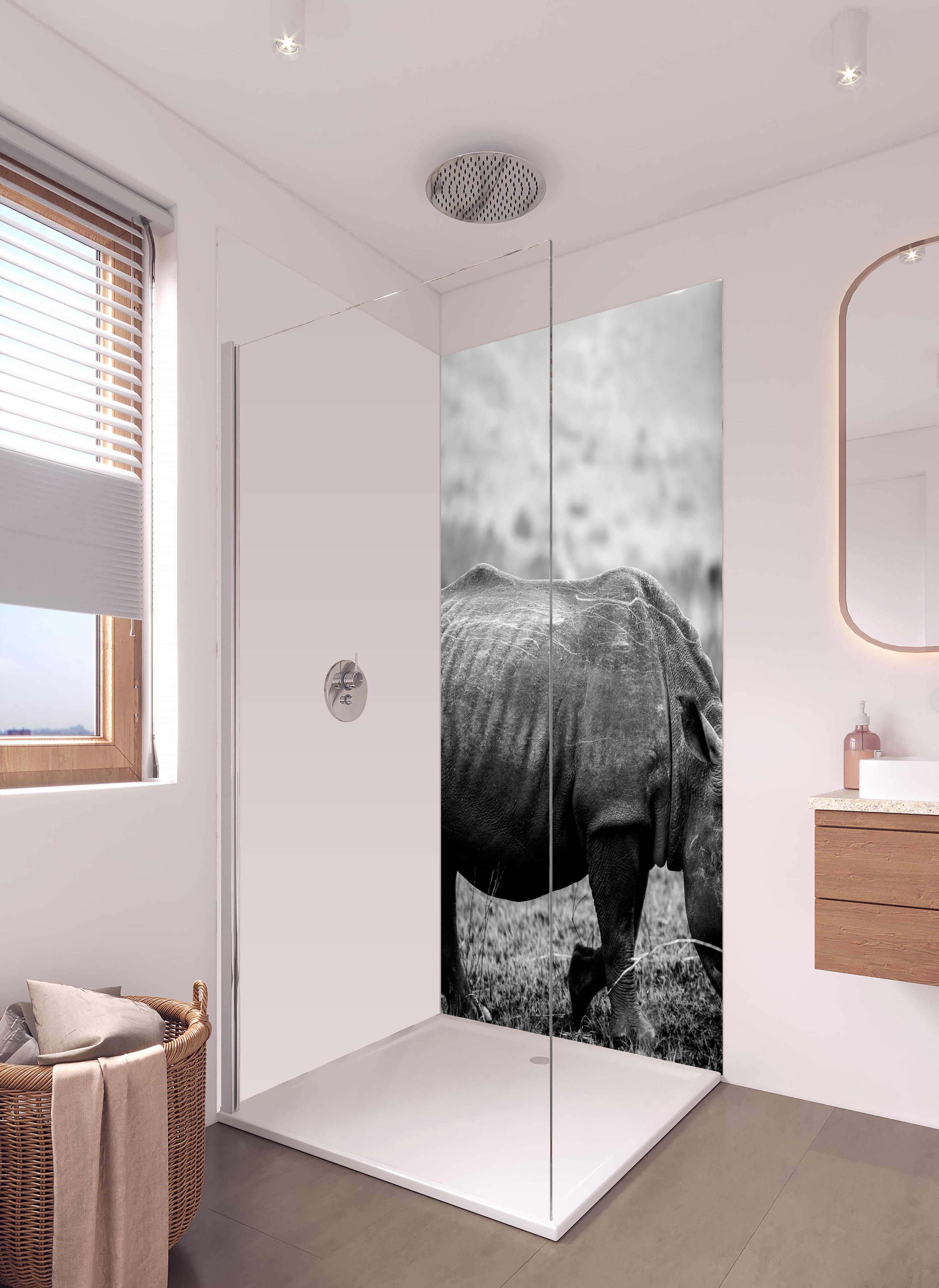 Duschrückwand - Nashorn - schwarz-weiß in hellem Badezimmer mit Regenduschkopf - zweiteilige Eck-Duschrückwand
