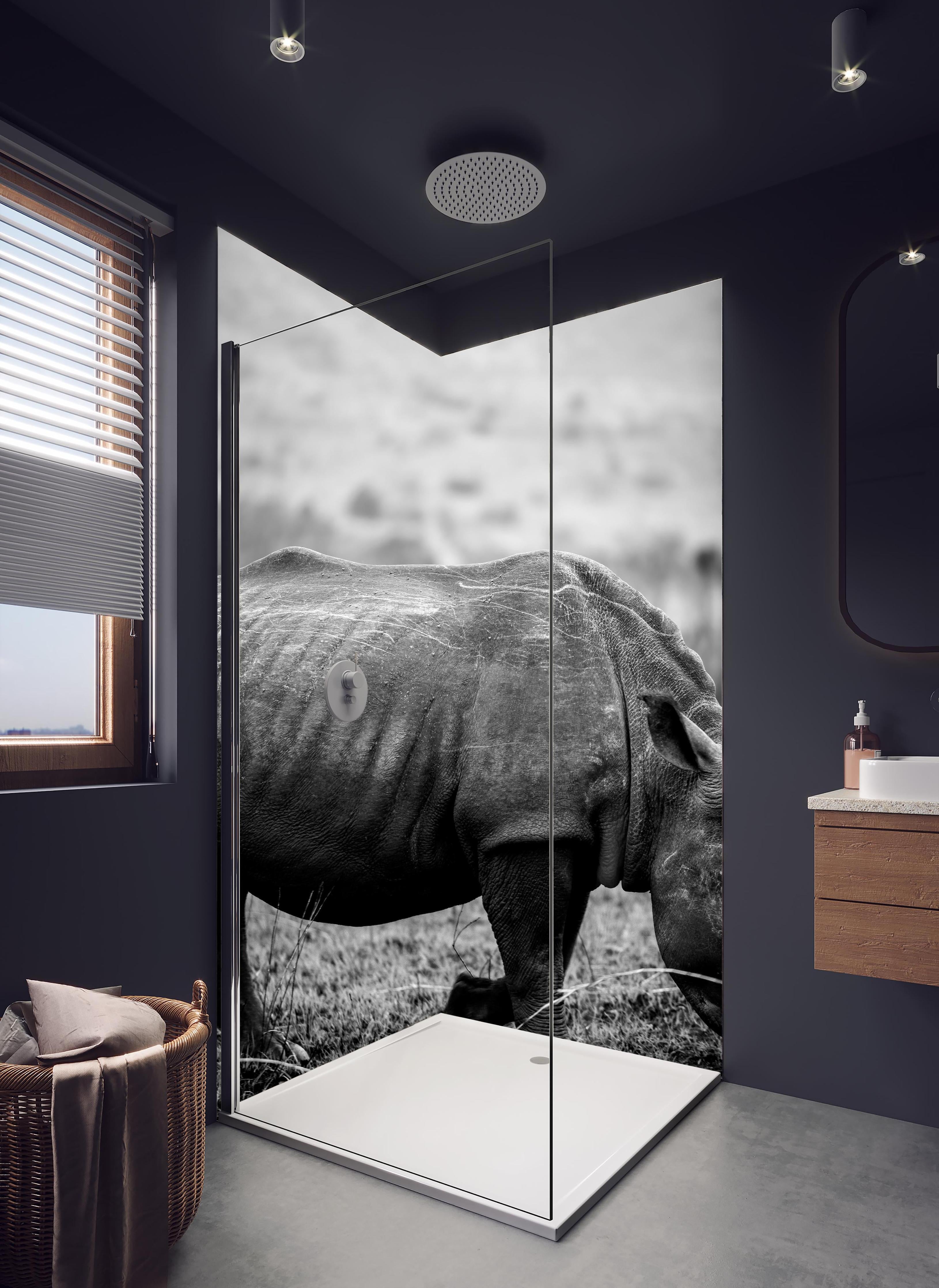 Duschrückwand - Nashorn - schwarz-weiß in hellem Badezimmer mit Regenduschkopf - zweiteilige Eck-Duschrückwand