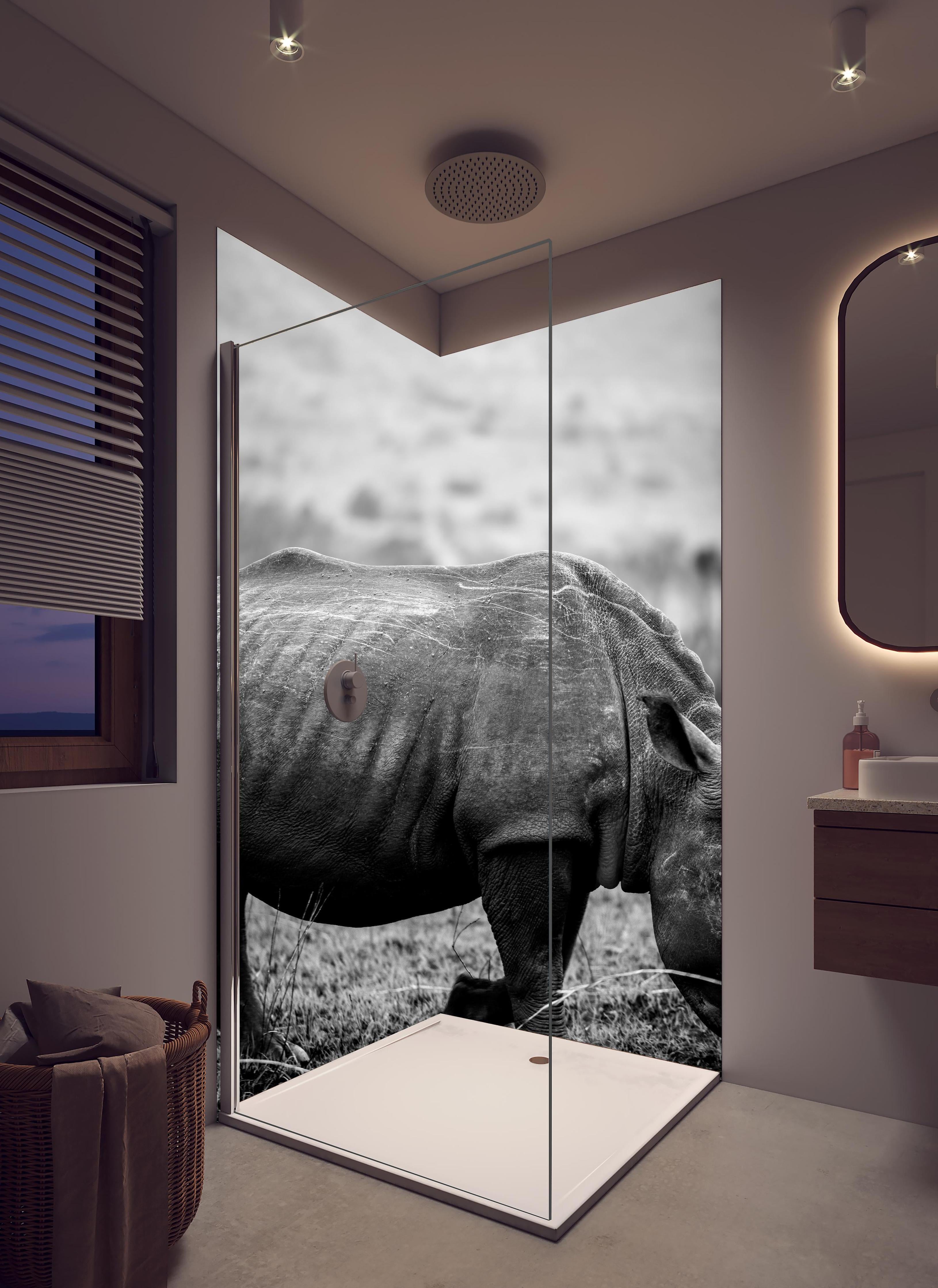 Duschrückwand - Nashorn - schwarz-weiß in hellem Badezimmer mit Regenduschkopf - zweiteilige Eck-Duschrückwand