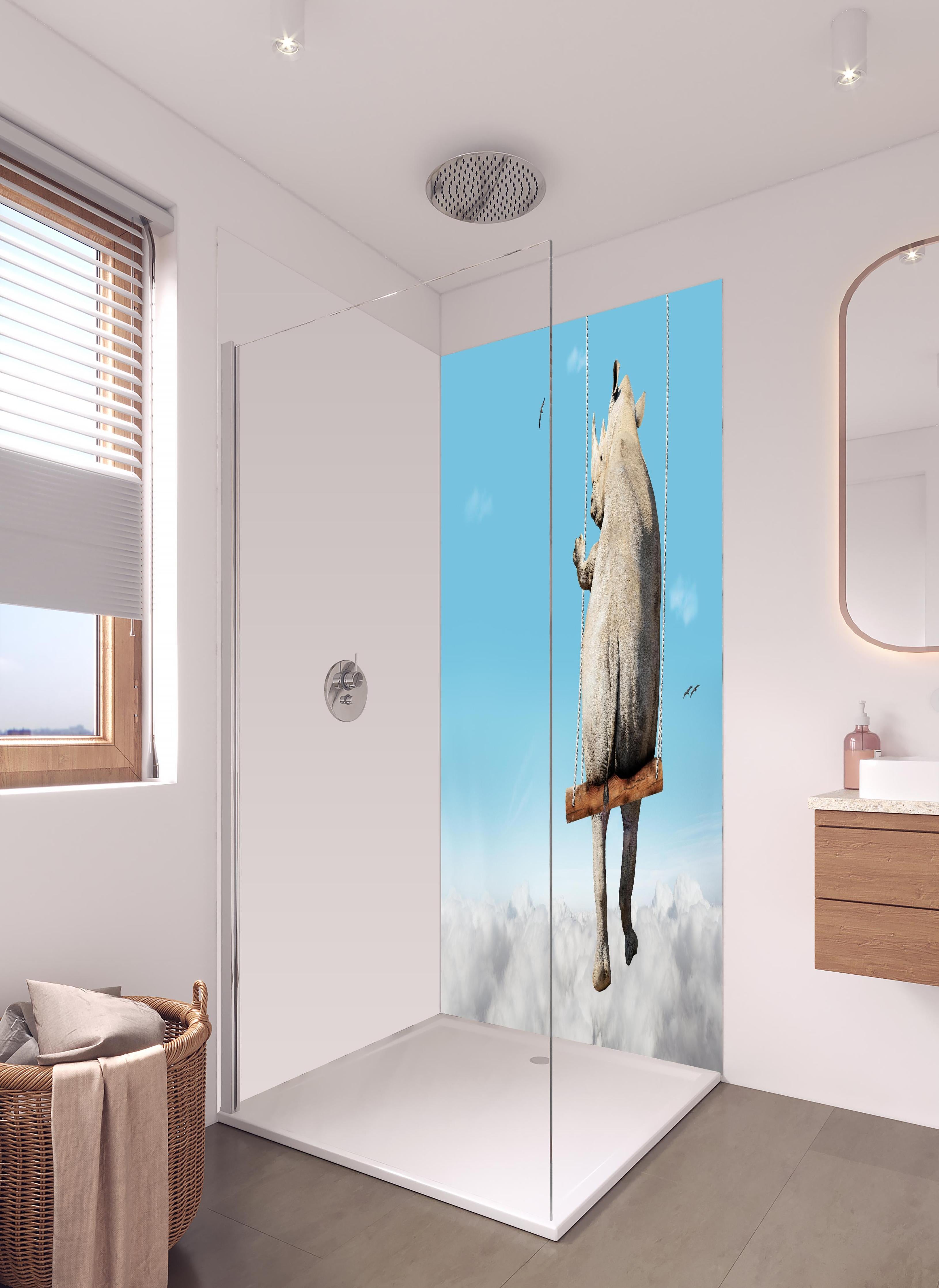 Duschrückwand - Nashorn schaukelt über den Wolken in hellem Badezimmer mit Regenduschkopf - zweiteilige Eck-Duschrückwand