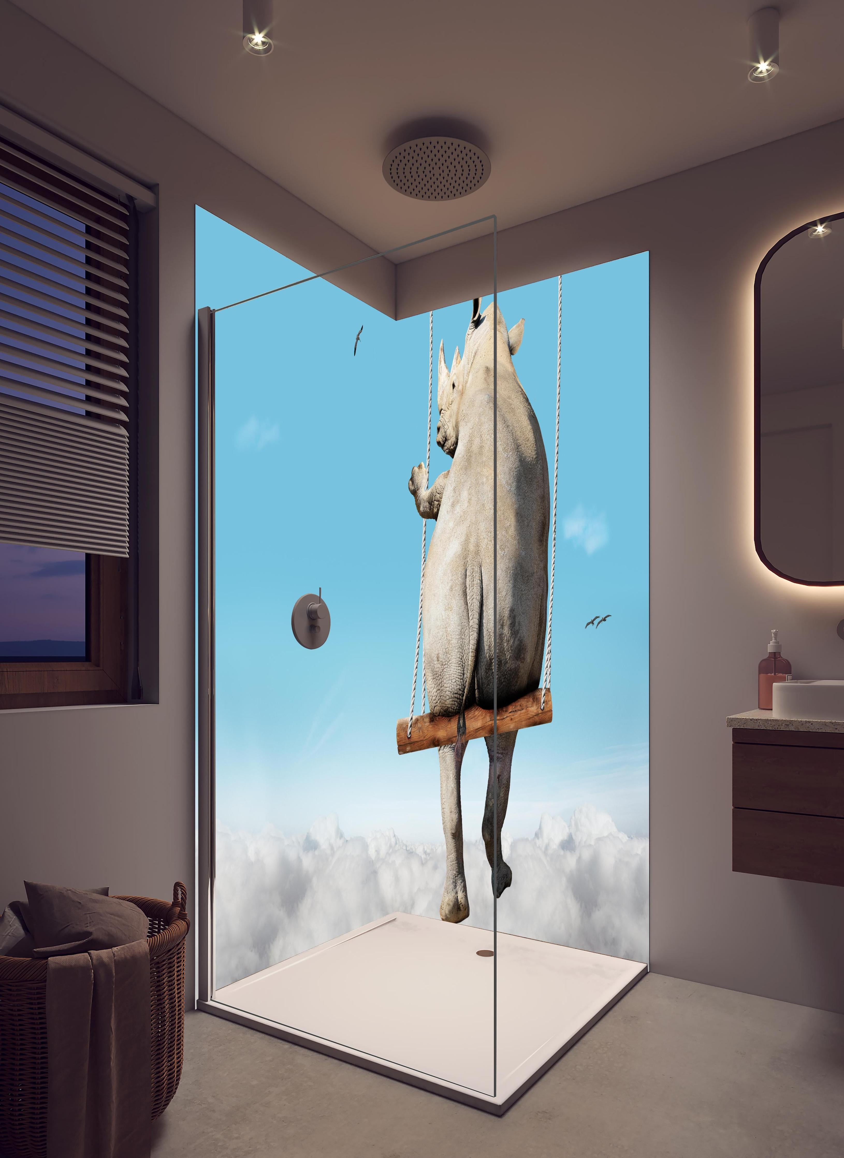 Duschrückwand - Nashorn schaukelt über den Wolken in hellem Badezimmer mit Regenduschkopf - zweiteilige Eck-Duschrückwand