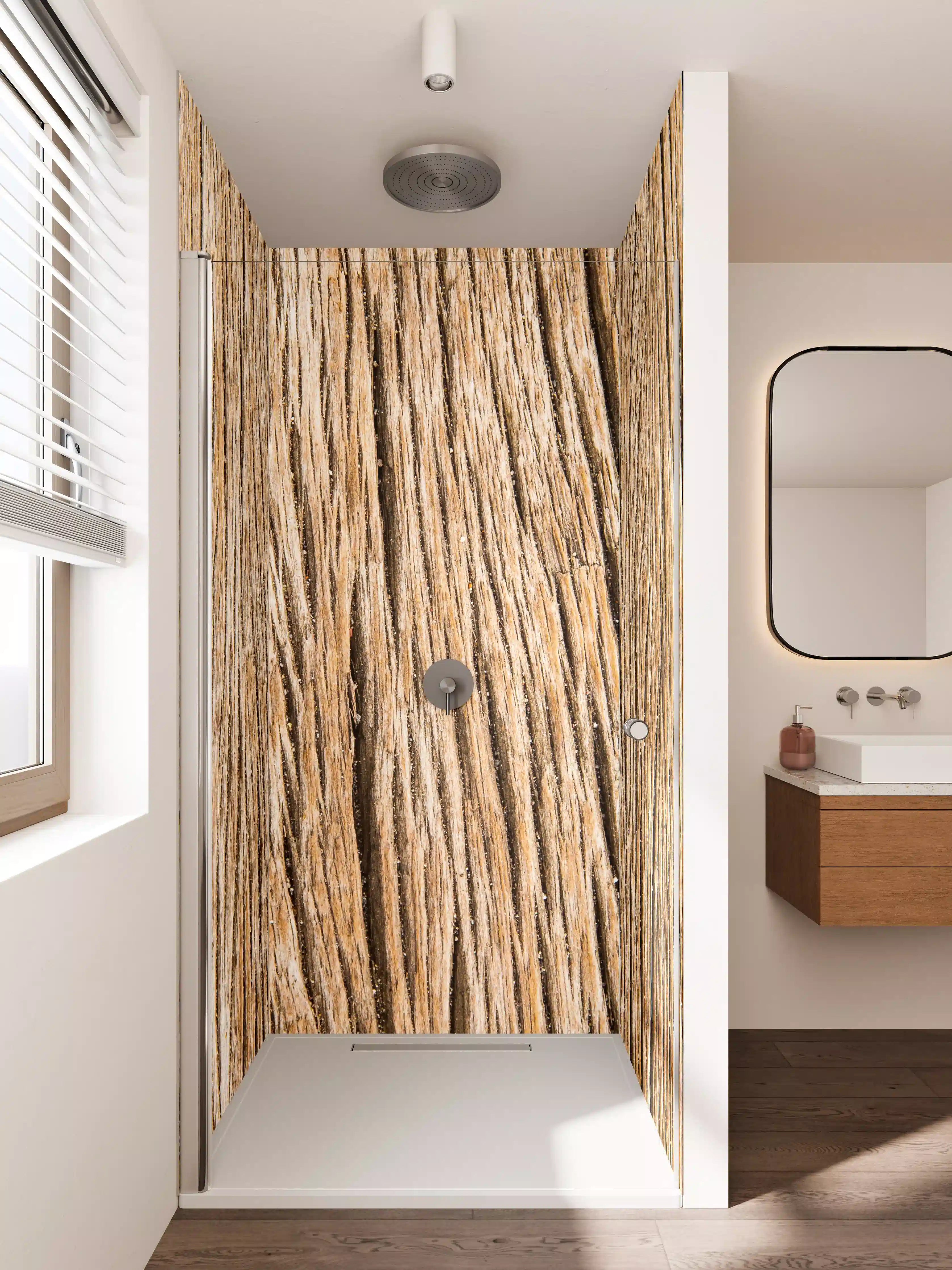 Duschrückwand - Natürliche Holzmaserung in warmen Braun- und Beigetönen
