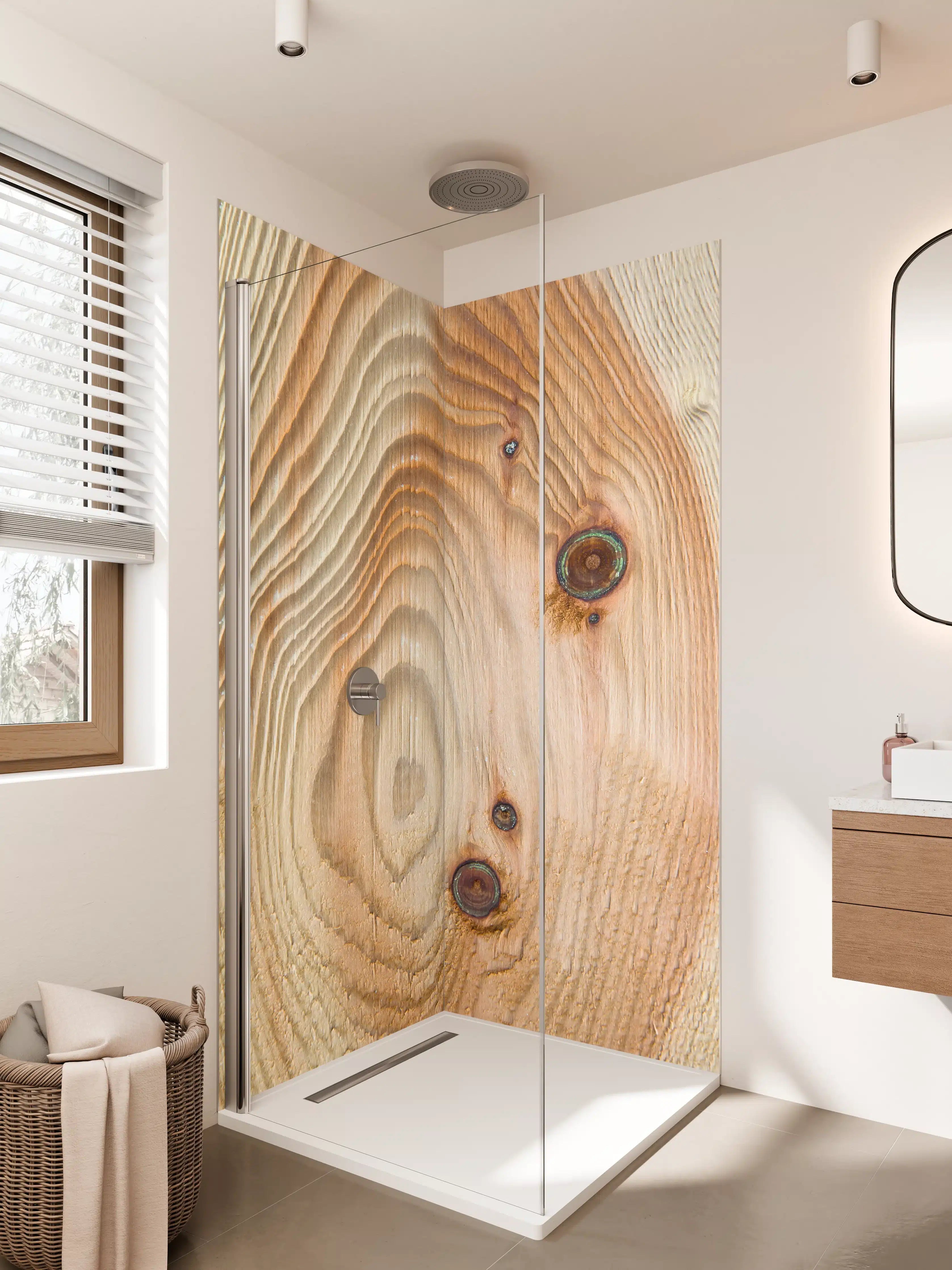 Duschrückwand - Natürliche Holzmuster mit Knötchen und Jahresringen