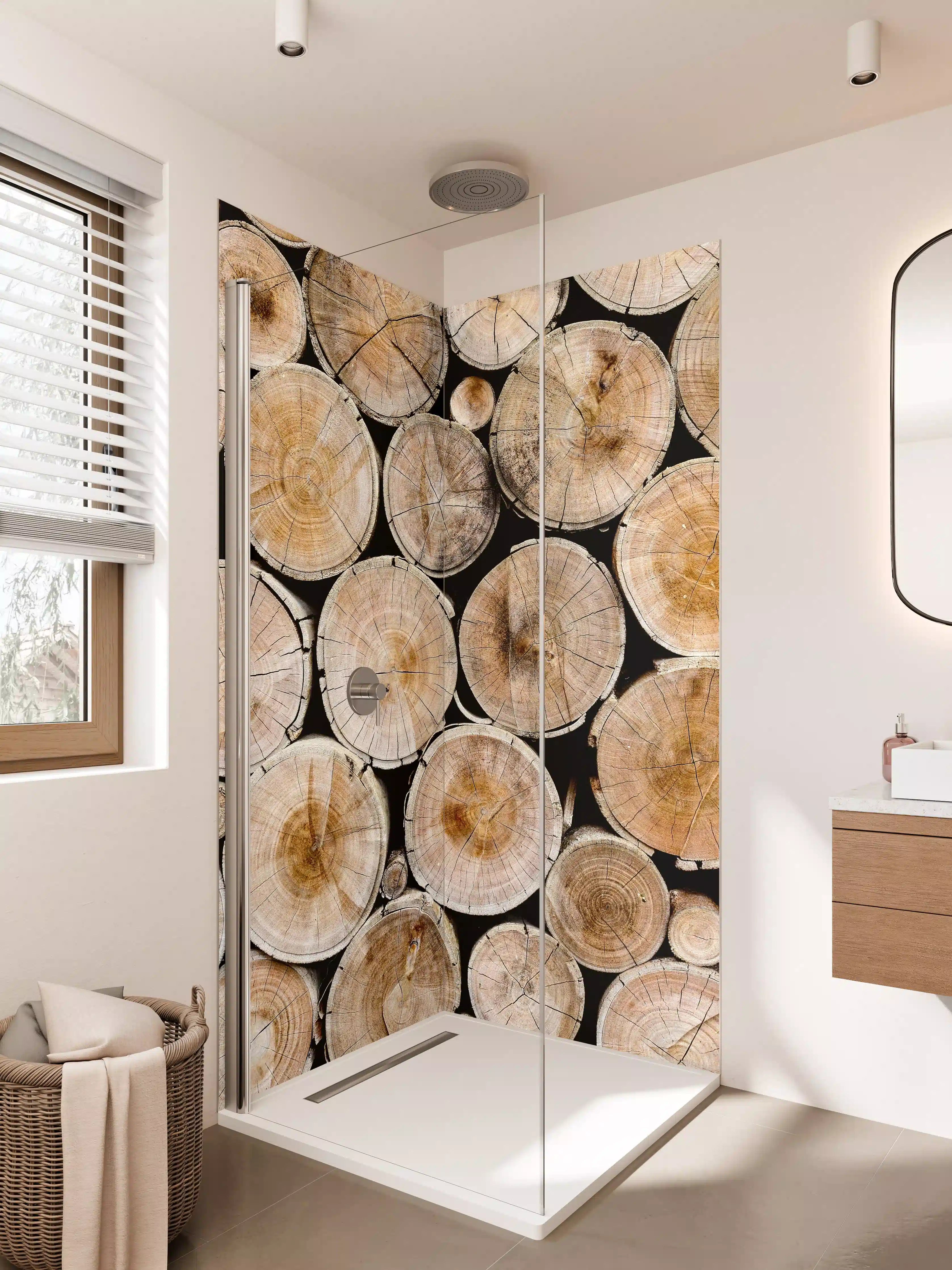 Duschrückwand - Natürliche Holzoptik mit Baumstämmen