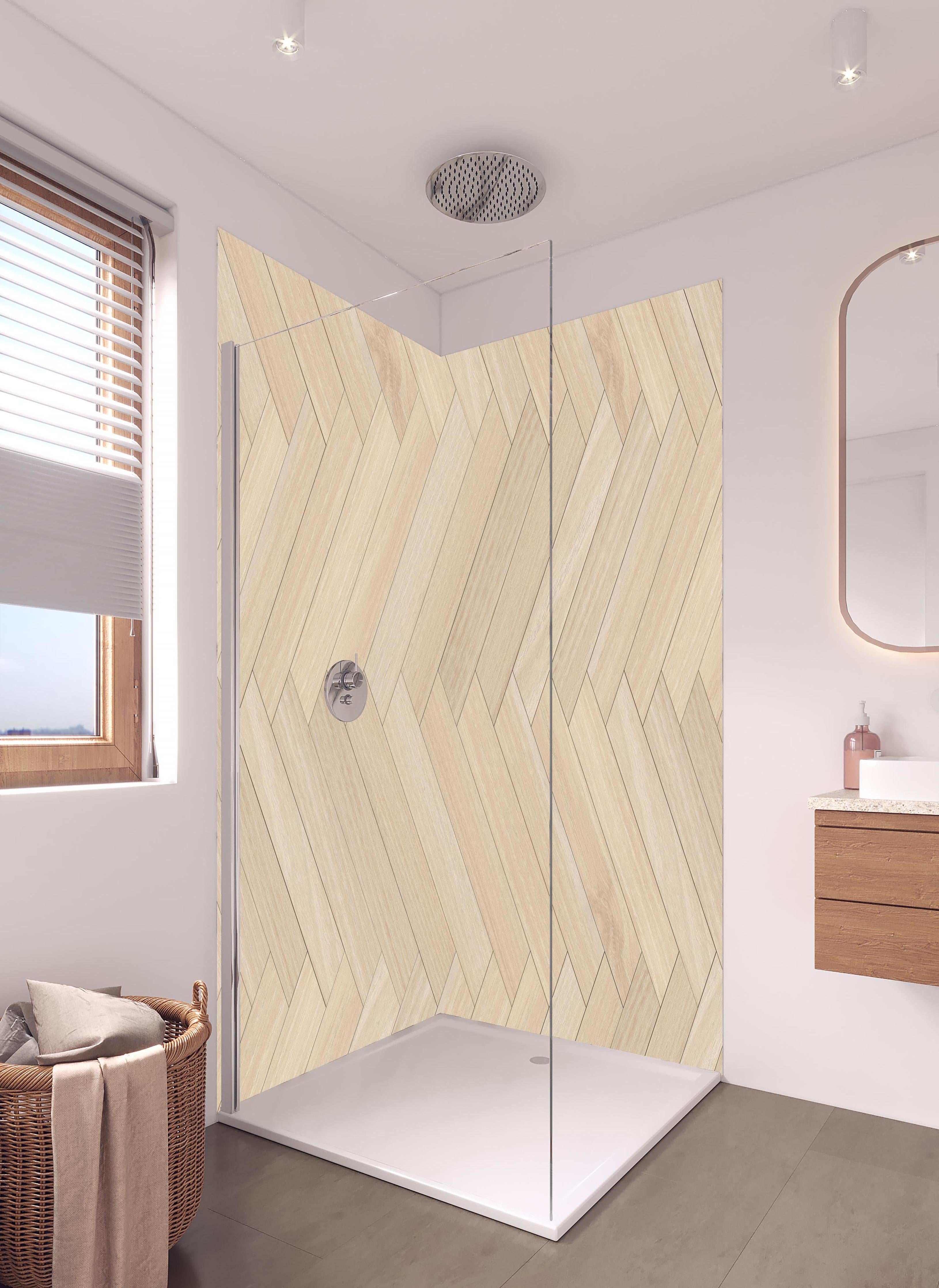 Duschrückwand - Natürliche Holztextur - Beige in hellem Badezimmer mit Regenduschkopf - zweiteilige Eck-Duschrückwand