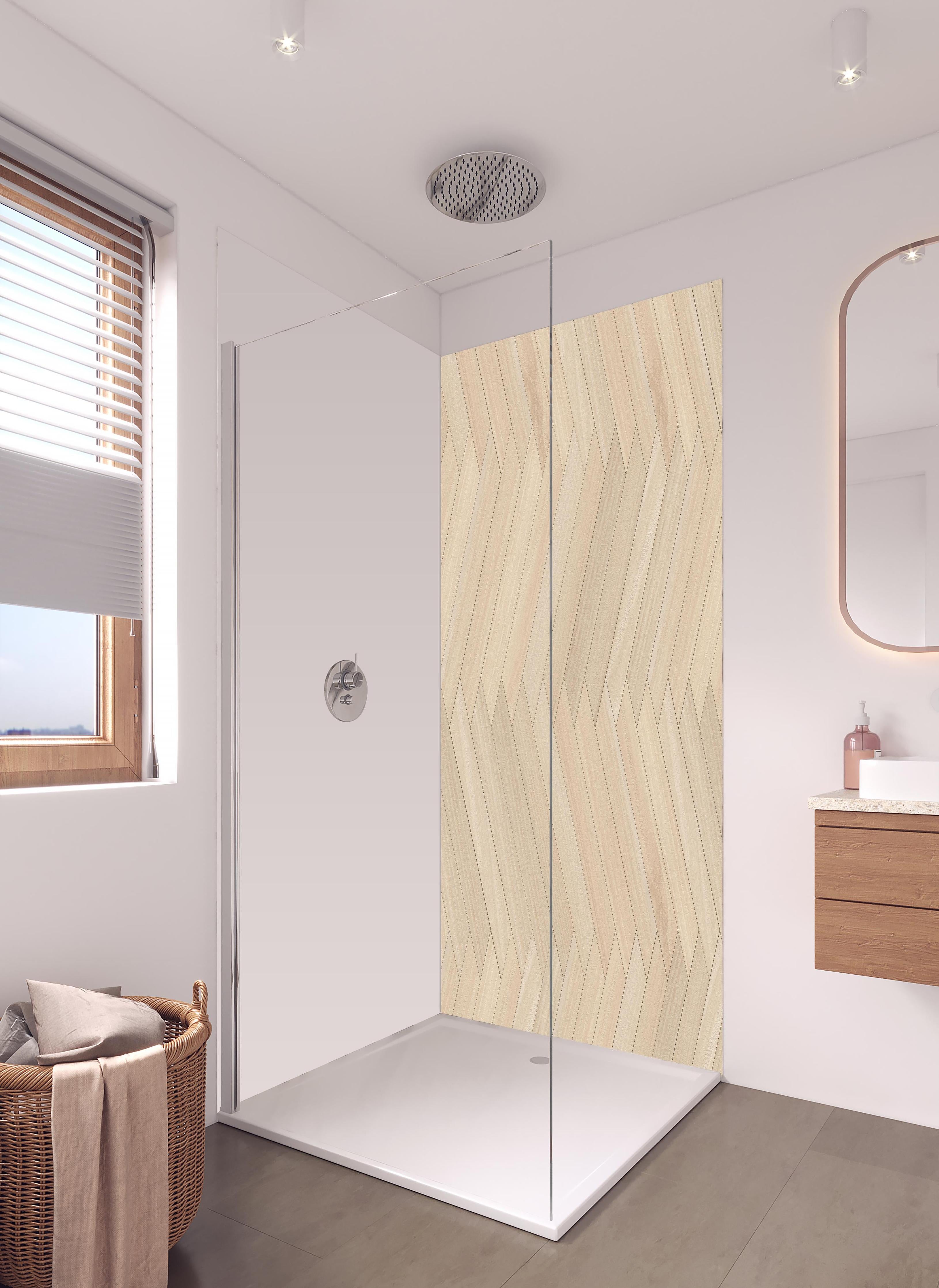 Duschrückwand - Natürliche Holztextur - Beige in hellem Badezimmer mit Regenduschkopf - zweiteilige Eck-Duschrückwand
