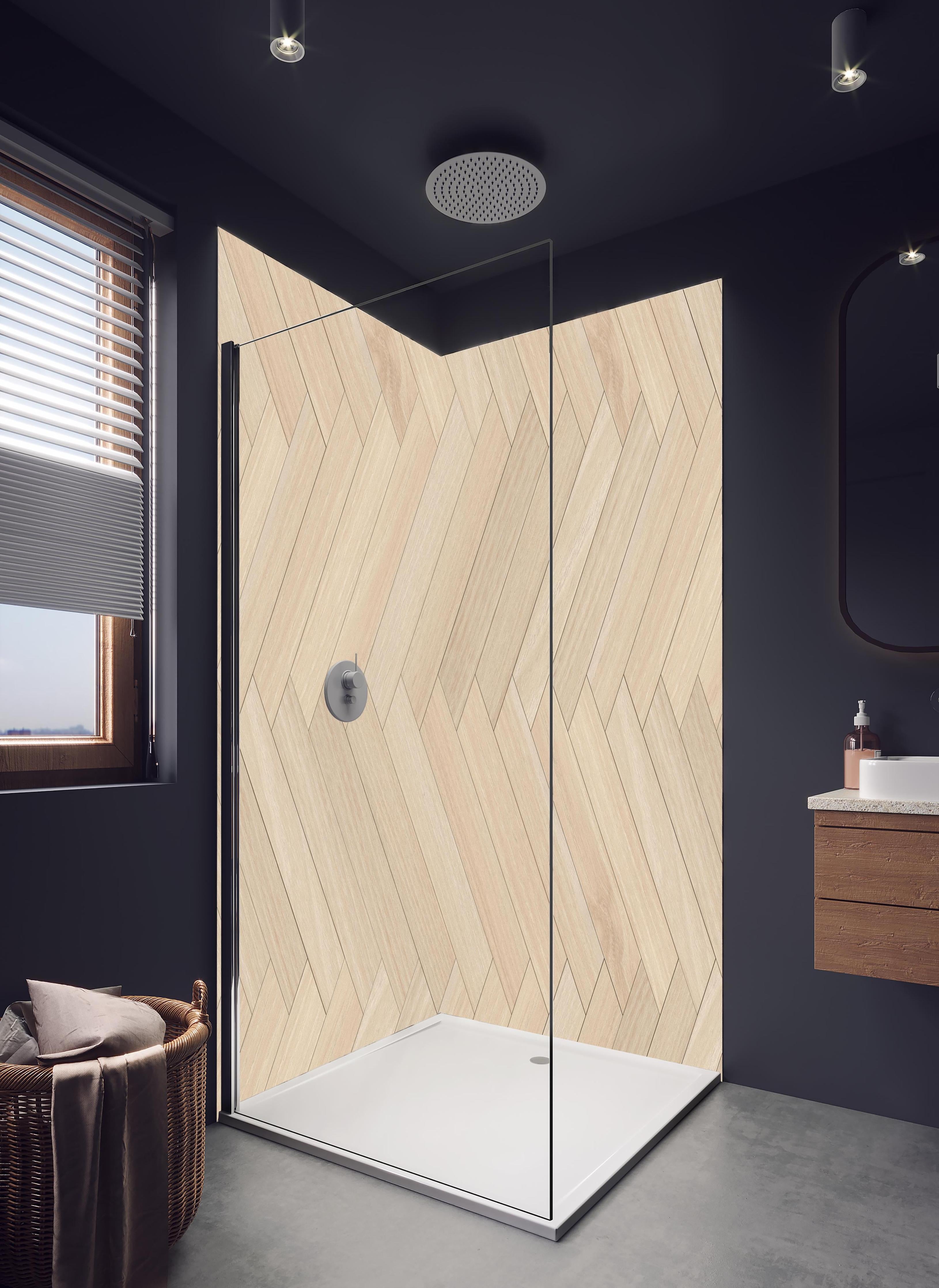 Duschrückwand - Natürliche Holztextur - Beige in hellem Badezimmer mit Regenduschkopf - zweiteilige Eck-Duschrückwand