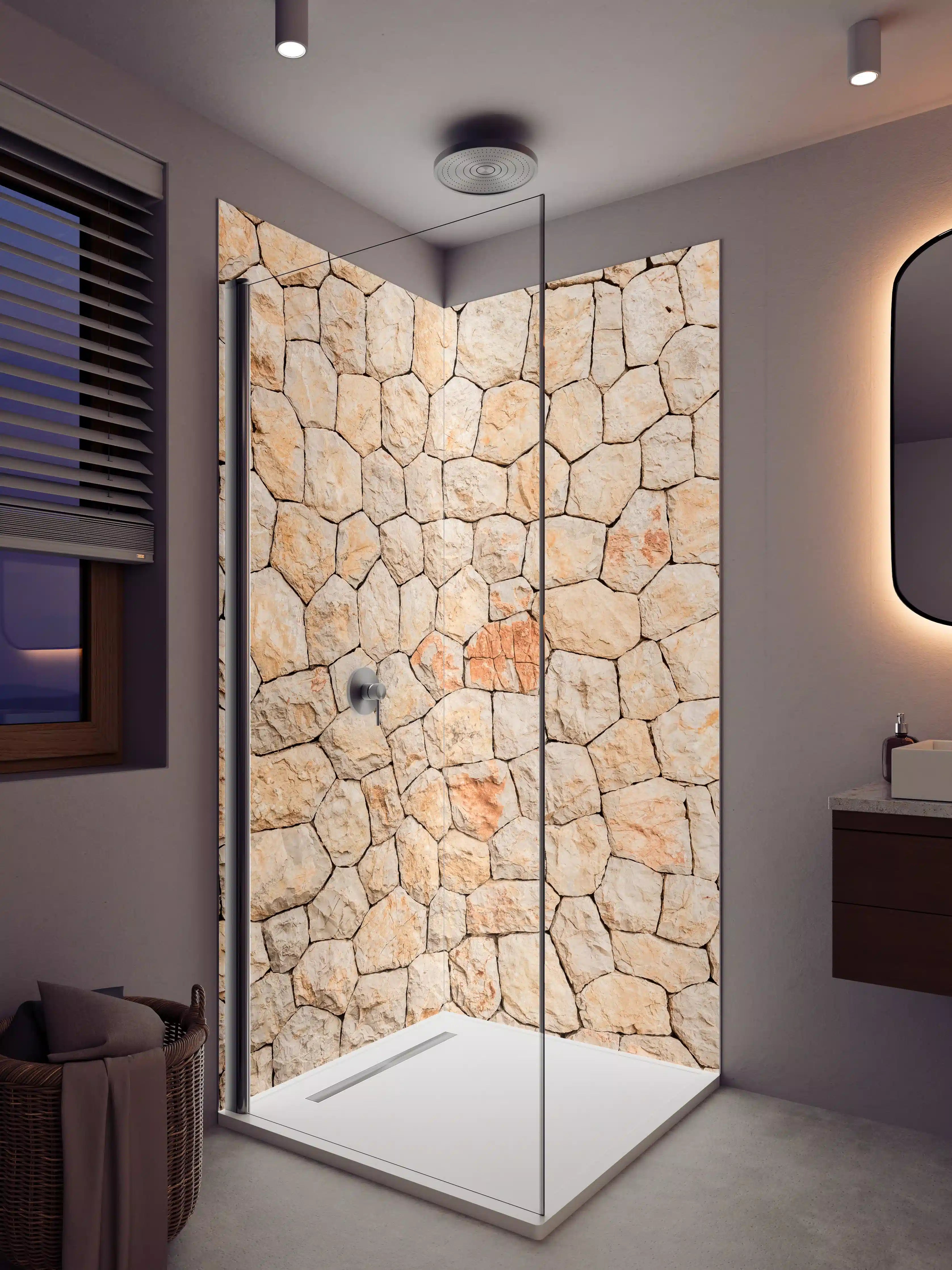 Duschrückwand - Natürliche Steine-Optik mit warmen Beige- und Terrakottatönen