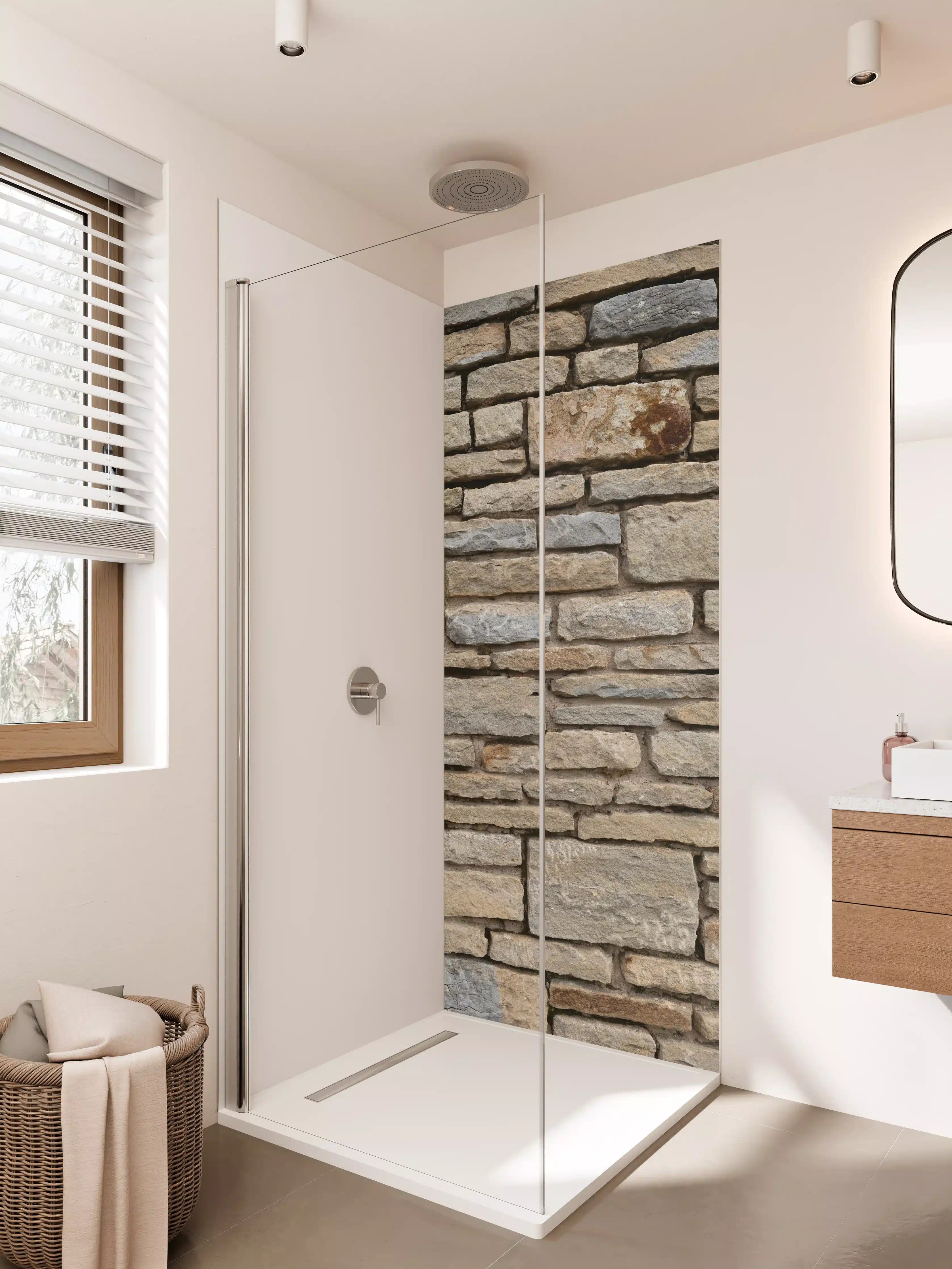 Duschrückwand - Natürliche Steinmauer in Erdtönen